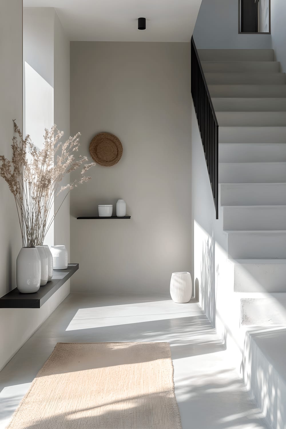 A spacious, open hallway bathed in natural light, featuring a floating white staircase with minimalist black metal railings. Light gray walls accentuated with a single, large-scale botanical print in muted greens. A slim black shelf with white ceramic vases holding dried lavender adds a touch of chic simplicity. The setting is completed with a soft, light oak runner rug on light gray concrete flooring.