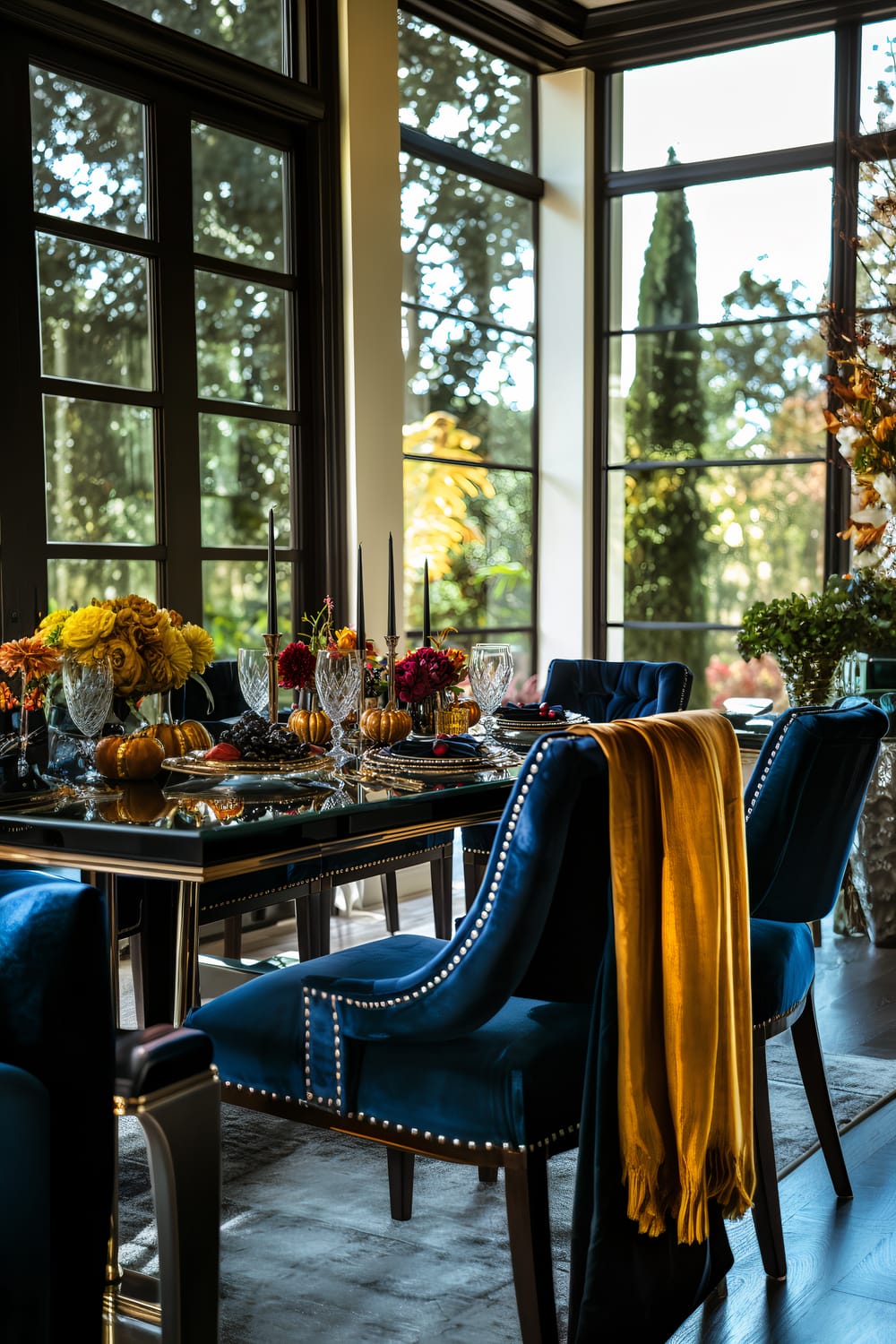 An elegantly set dining table is adorned with glassware, floral arrangements in warm, autumn hues, and decorative mini pumpkins. The table, with a reflective glass top, is surrounded by plush, deep blue upholstered chairs with nailhead trim. A golden yellow throw drapes over one chair. Tall black candles in modern holders add to the sophisticated ambiance. Large windows allow ample natural light to fill the room, revealing a lush garden outside with vibrant foliage.