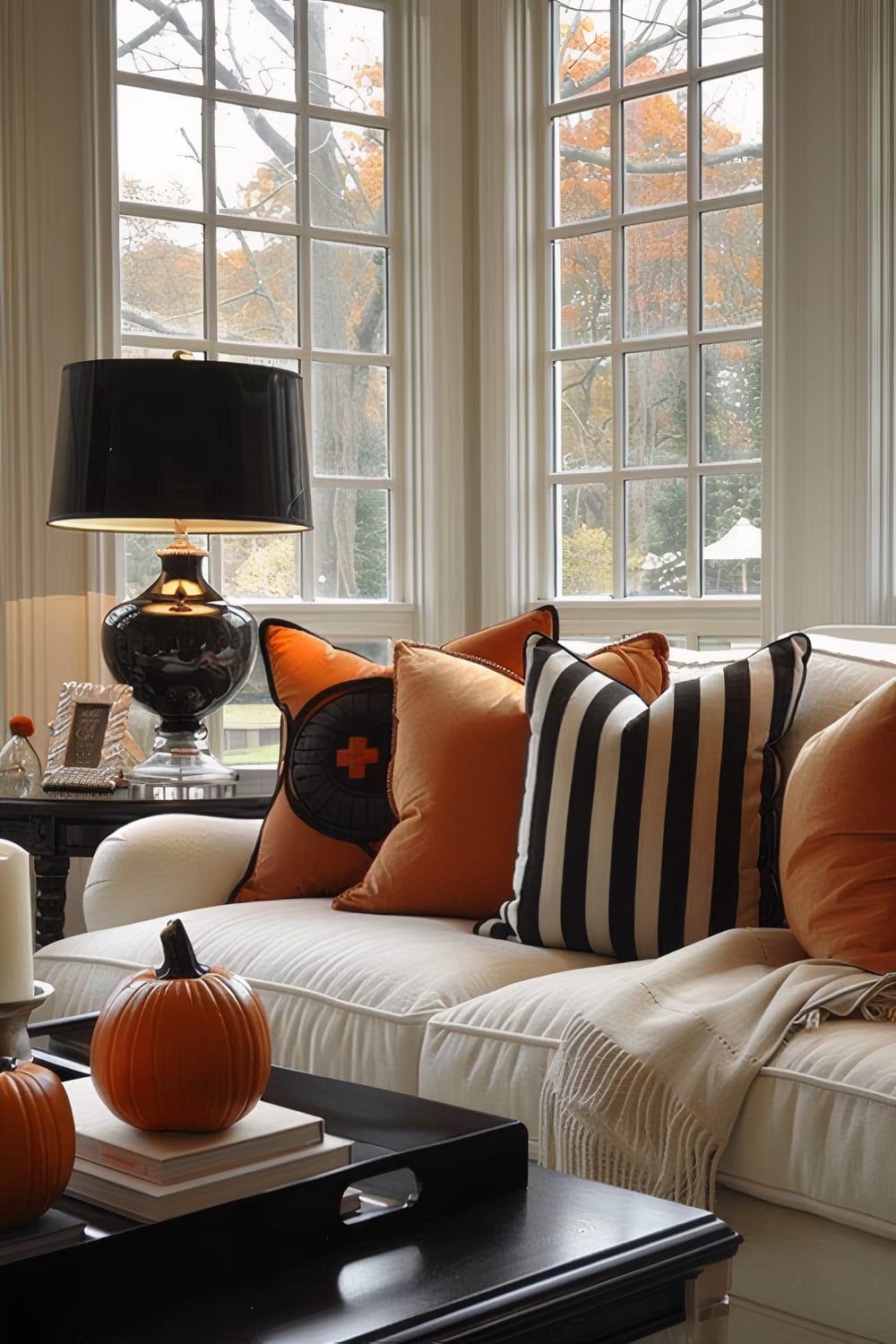 A stylish living room features a white sofa adorned with orange and black striped throw pillows. A black table lamp with a reflective base sits on a side table nearby. Two small pumpkins are placed on a coffee table along with some books and a candle. Large windows in the background allow natural light to illuminate the room, revealing an autumnal scene outside with colorful foliage.