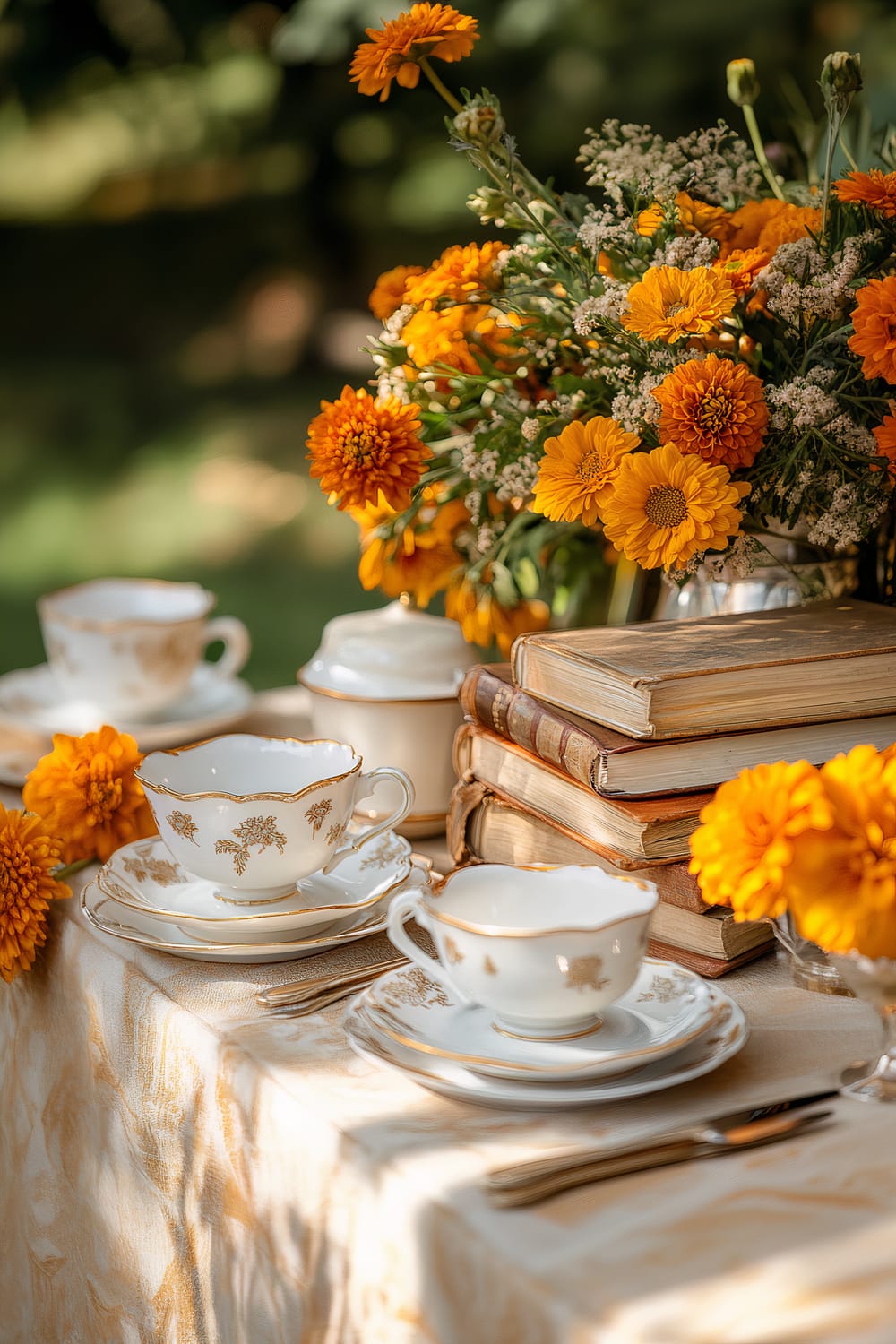 A beautifully set outdoor tea table with fine china teacups and saucers decorated with gold patterns. The table is adorned with a cream-colored tablecloth with golden floral designs. Bright orange marigold flowers are arranged in bouquets and scattered on the table, complemented by a stack of vintage hardcover books.