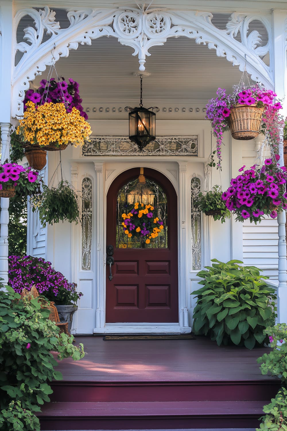 A front entrance of a house showcasing Victorian architectural elements like intricate woodwork above the door and on the porch supports. The front door is deep burgundy with a glass panel featuring a colorful floral wreath. Surrounding the entrance are lush plants and hanging baskets of flowers, including purple and yellow blossoms. A black lantern-style light fixture hangs above the door.