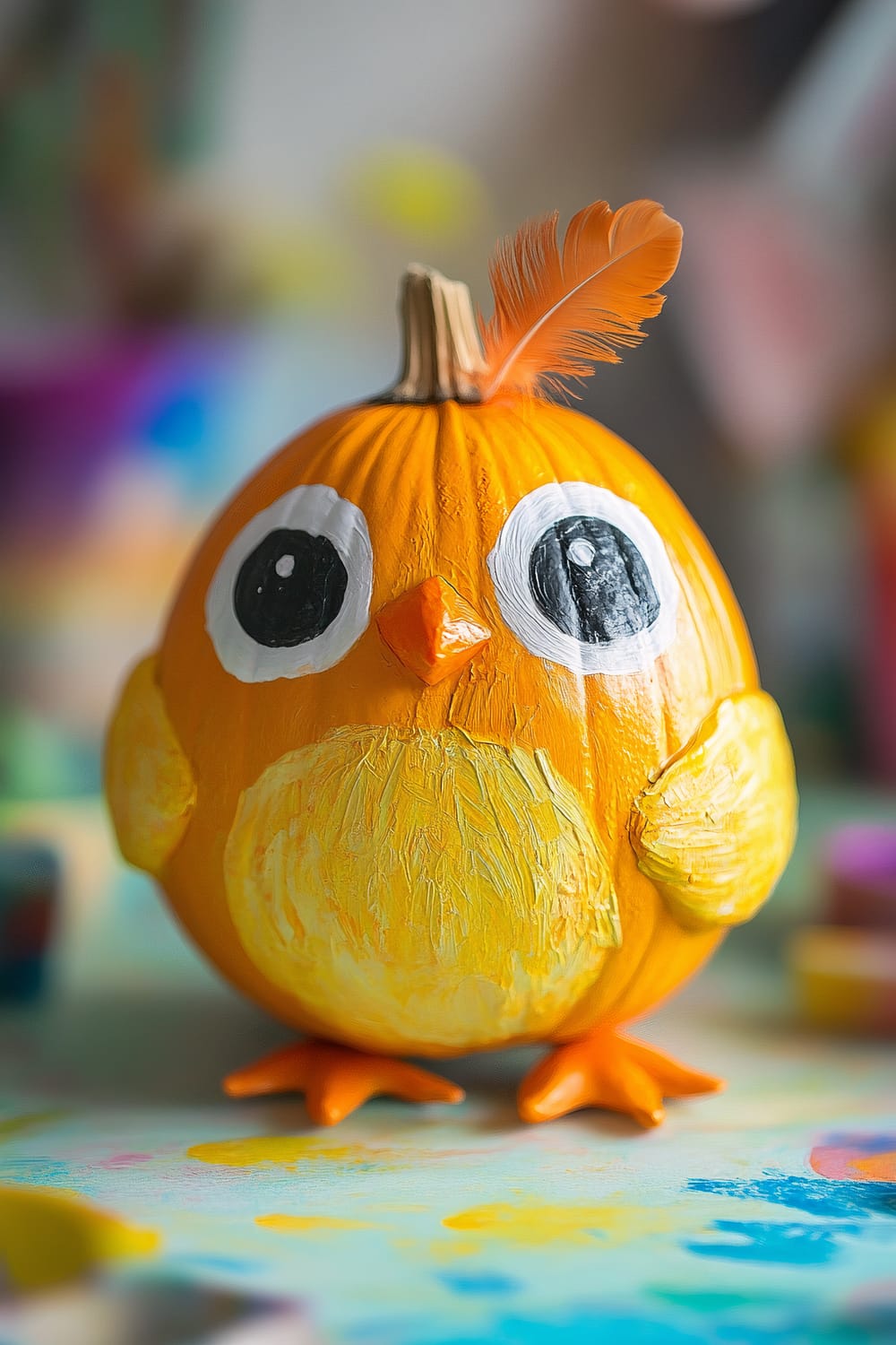 An orange pumpkin transformed into a cute bird with painted large eyes, wings, and a yellow beak. The pumpkin sits on a colorful surface, with a small orange feather attached to its stem to resemble a feather on a bird.