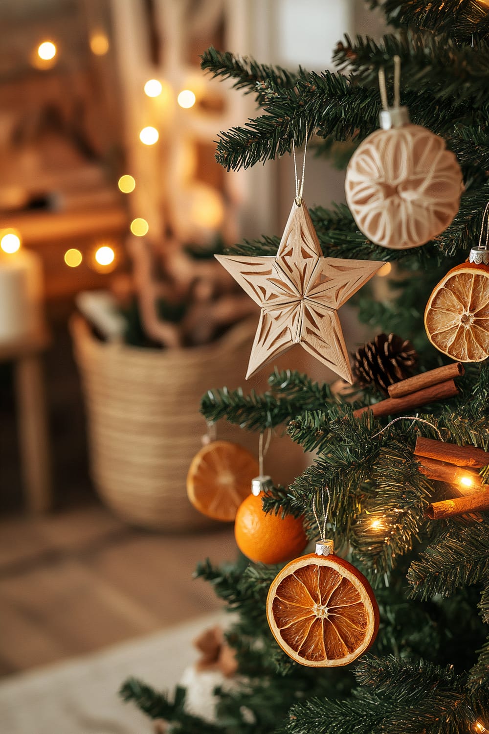 Close-up of a decorated Christmas tree with various ornaments. The tree features dried orange slices, wooden carved stars, and cinnamon sticks. Warm fairy lights are interspersed among the decorations, while a woven basket is seen blurred in the background with additional illuminated fairy lights, creating a cozy ambiance.