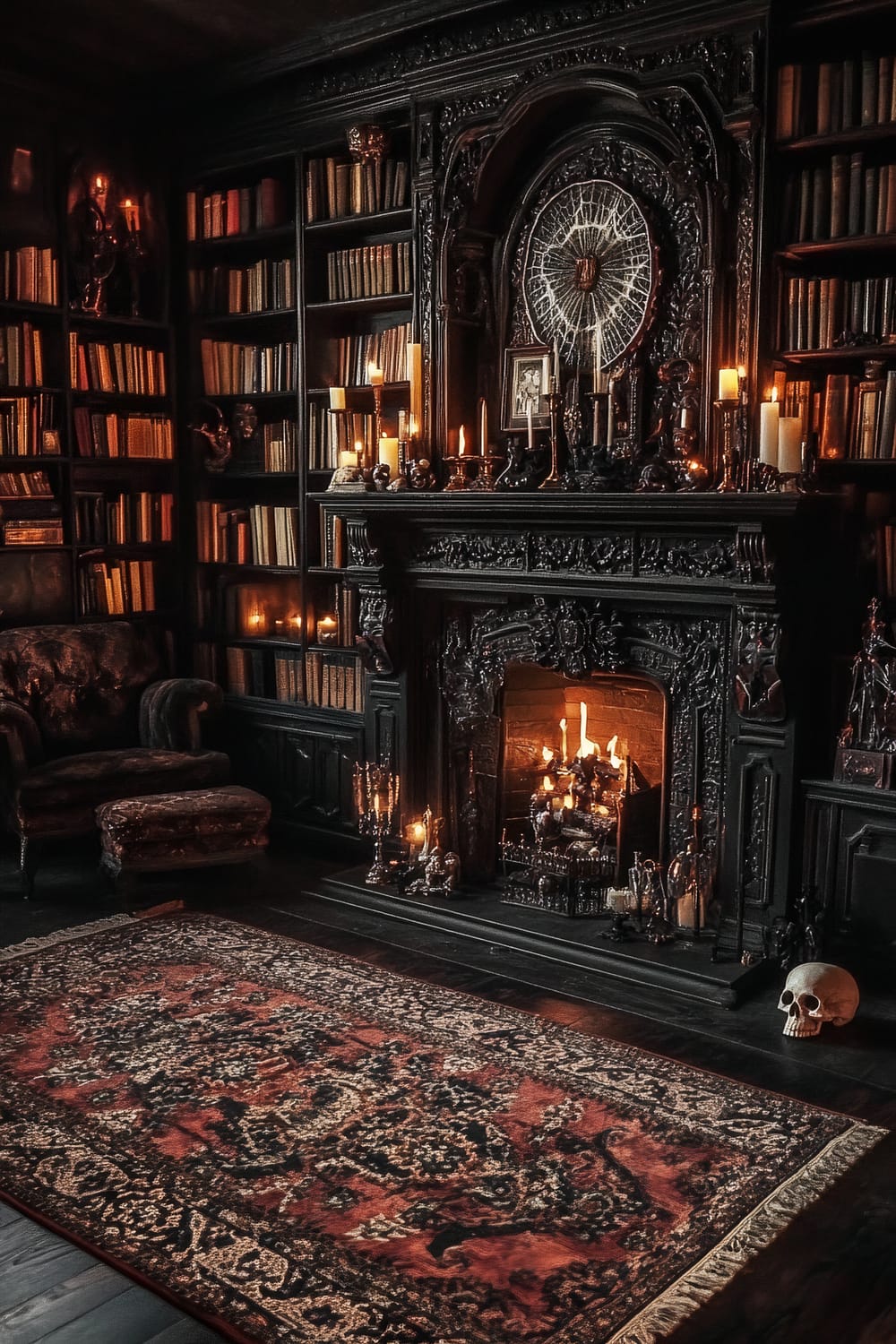 An opulent dark-hued library featuring a grandiose black carved fireplace surrounded by candles, a warm fire, and antique accessories, including a skull. The room is lined with floor-to-ceiling bookshelves filled with aged books. A plush armchair and a rich Persian rug add to the luxurious yet gothic ambiance.