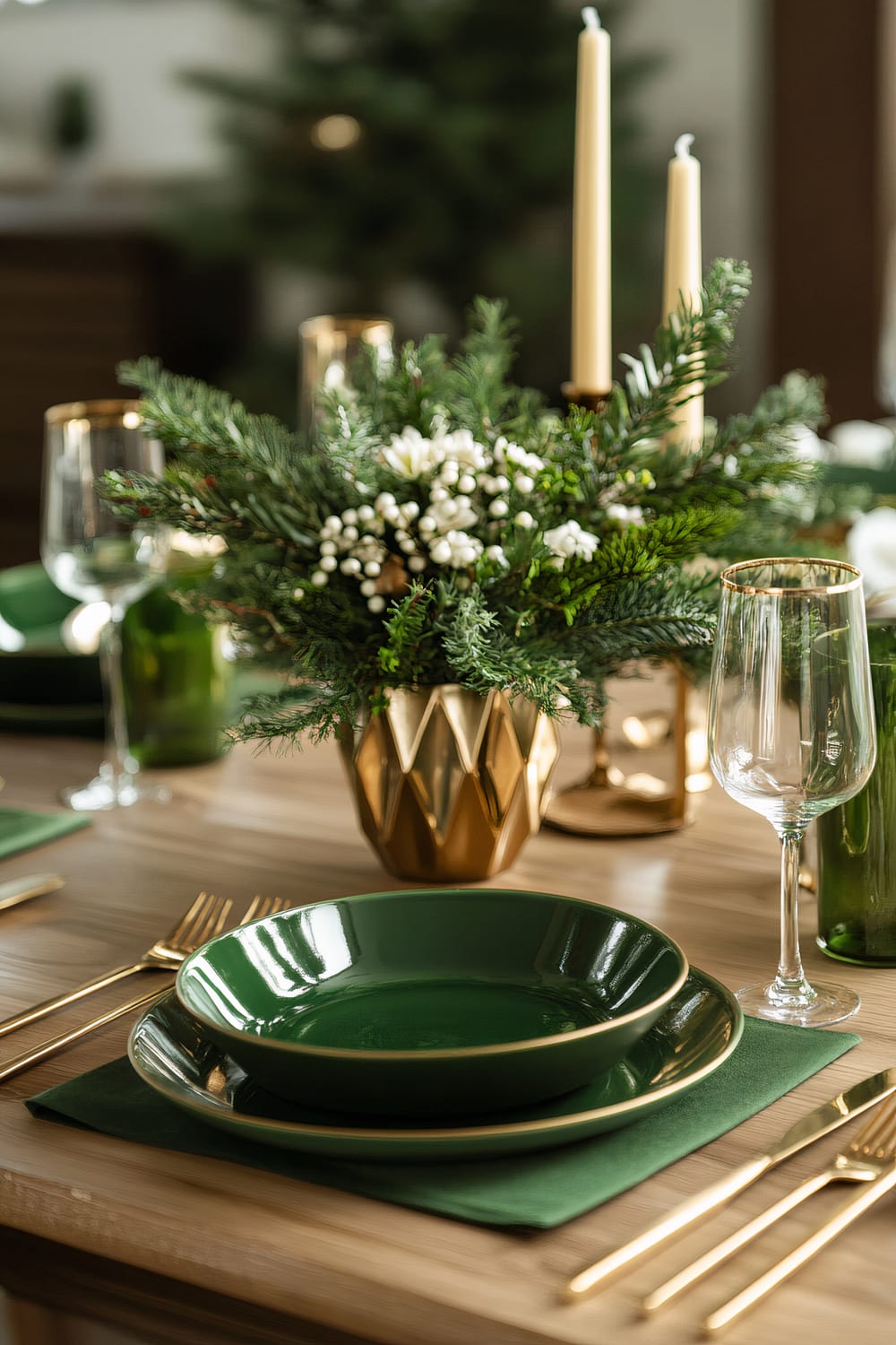 A low-angle view of a Thanksgiving dinner table set with green ceramic plates and gold flatware. The table is adorned with clear glassware and features a gold geometric vase filled with lush greenery and small white flowers as the centerpiece. A green and gold table runner adds to the natural aesthetic, complemented by gold candle holders with lit candles. The wooden table surface is clean and uncluttered.