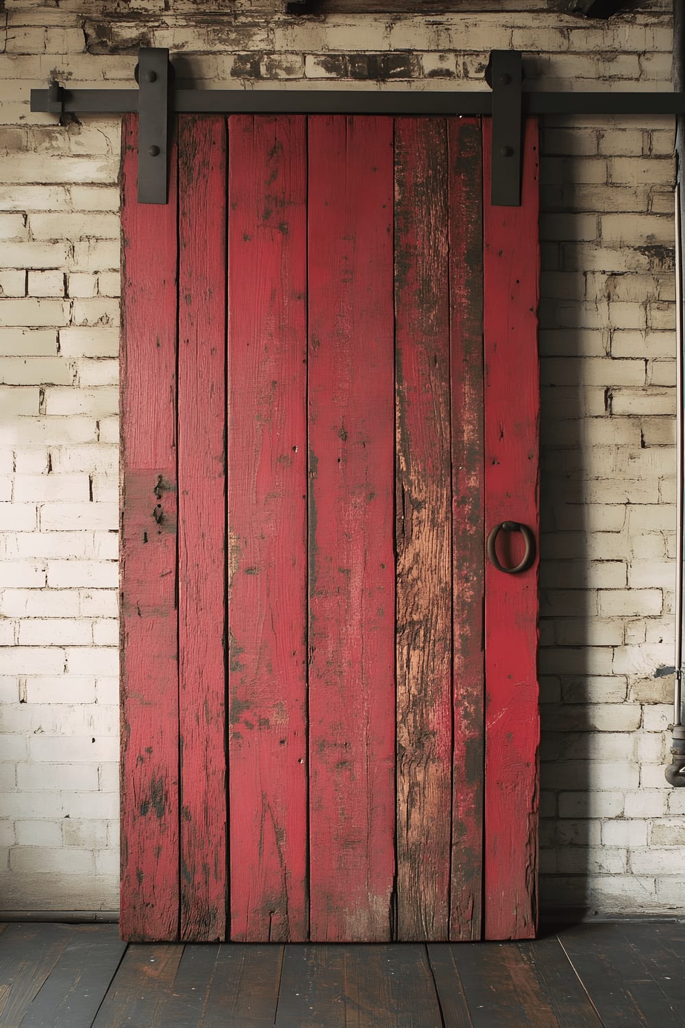 A vintage oxblood red wooden sliding barn door with iron hardware set in an industrial loft, bathed in soft evening light showcasing its rich, distressed texture.