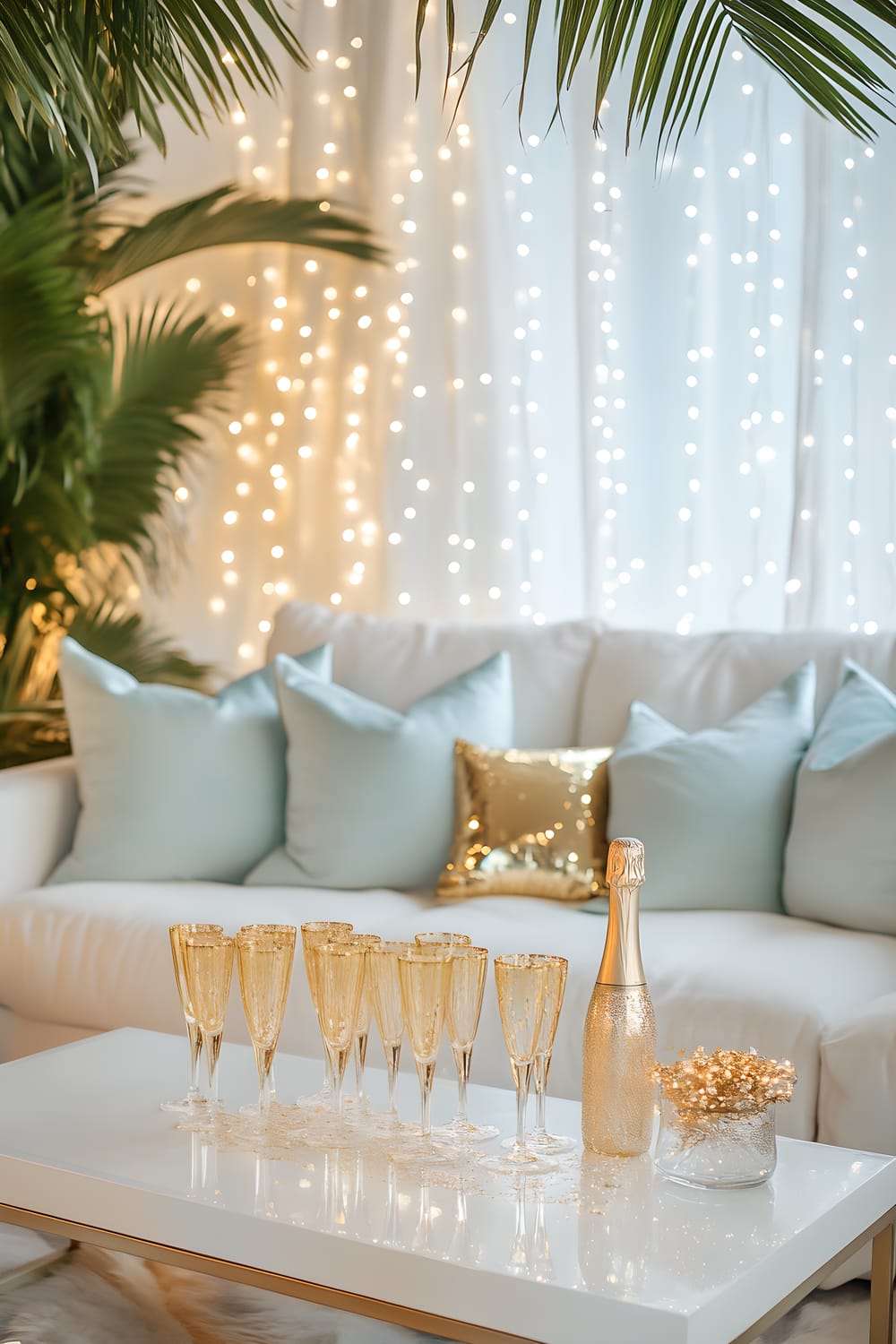 A coastal Miami beach house living room decorated for New Year’s Eve, featuring a white glass coffee table filled with gold-rimmed champagne flutes and gold confetti. A white linen sofa adorned with light blue and gold throw pillows. The ceiling is draped with palm leaf decorations intertwined with fairy lights, ushering in a subtly radiant and festive atmosphere.