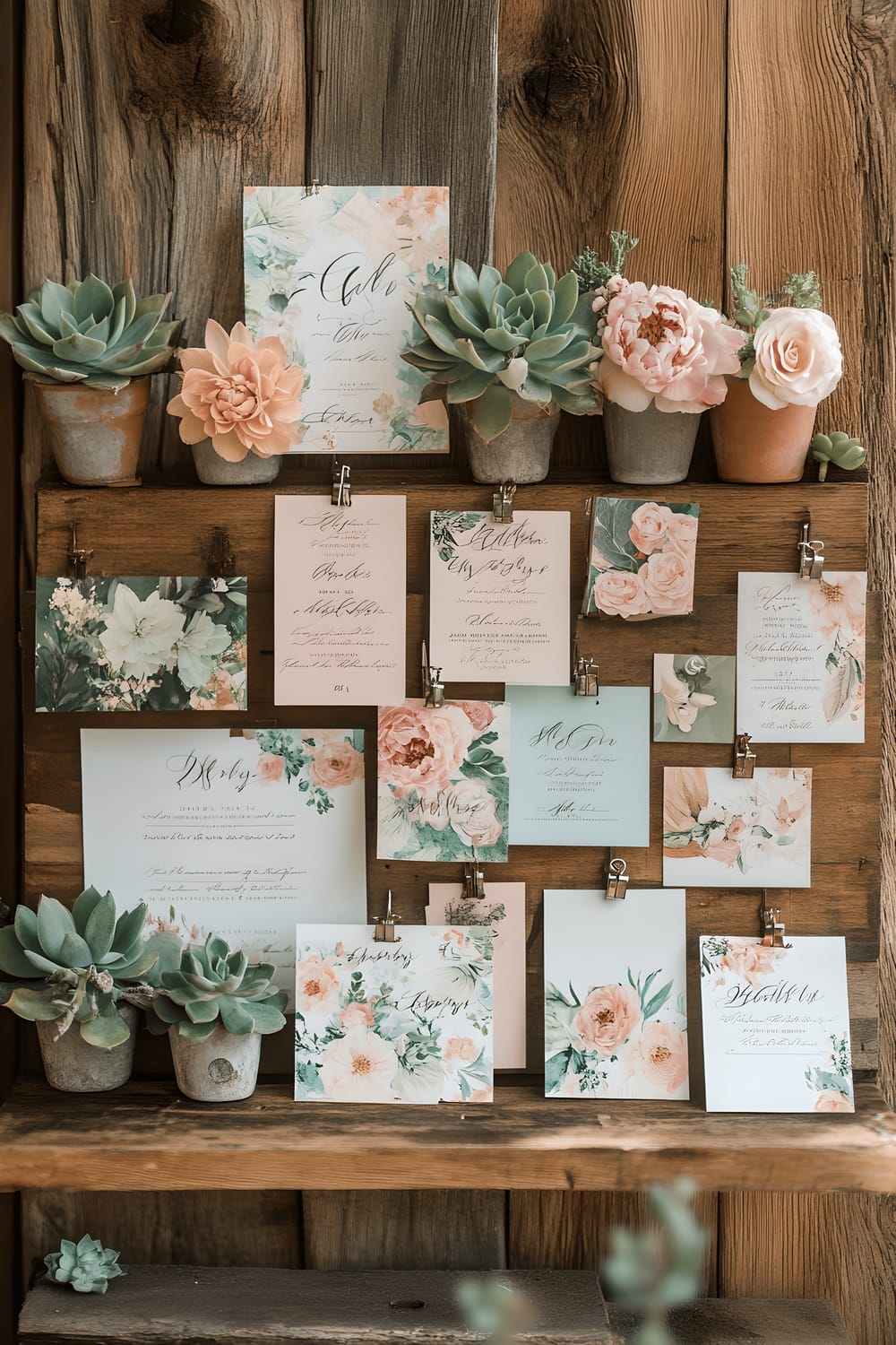 A display of customized Galentine's Day invitations pinned on a rustic wooden board. The invitations have elegant script and floral designs in pastel colors. Arranged around the board are small potted succulents and vintage-style stationery items.