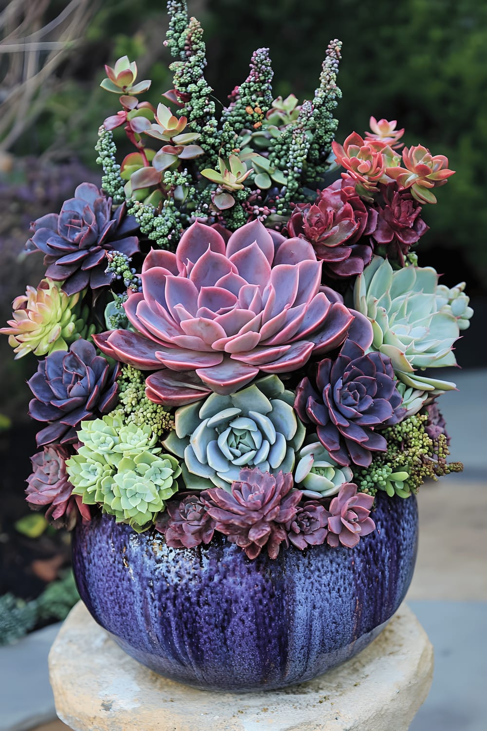 An elaborate arrangement of various succulents and cacti in different sizes and shades of green, featuring a large rosette succulent at the center, all meticulously arranged in a shallow dish.