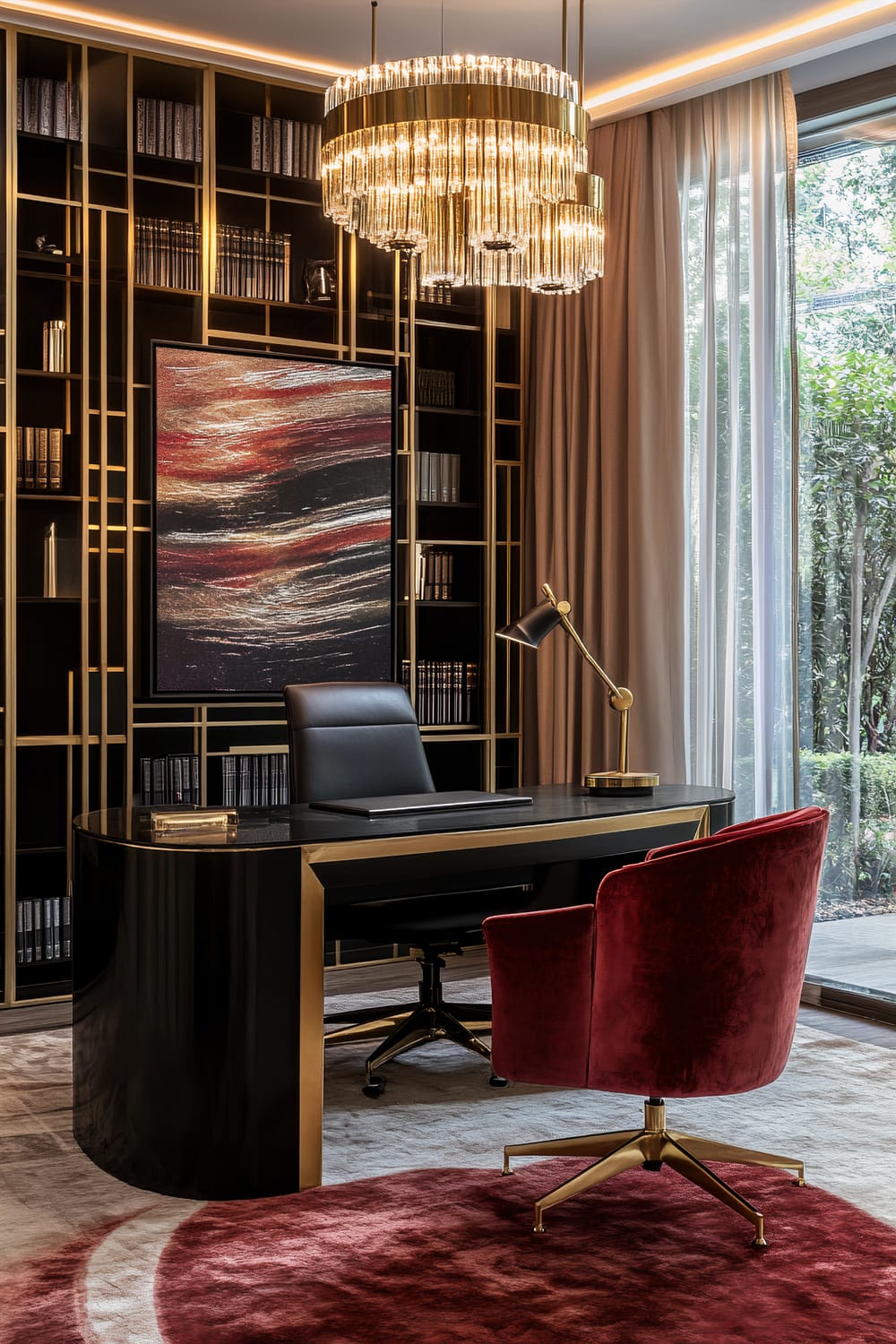 An elegant home office features a sophisticated design with a black, curved desk accentuated by gold trim. A plush red velvet chair with gold legs adds a touch of luxury. The background showcases a large abstract painting with golden hues and waves of color, set against a wall with dark shelves filled with books. A lavish chandelier with multiple tiers of glass hangs from the ceiling, illuminating the space. Large windows with sheer and heavy drapes allow natural light to flood into the room, complemented by views of lush greenery outside.