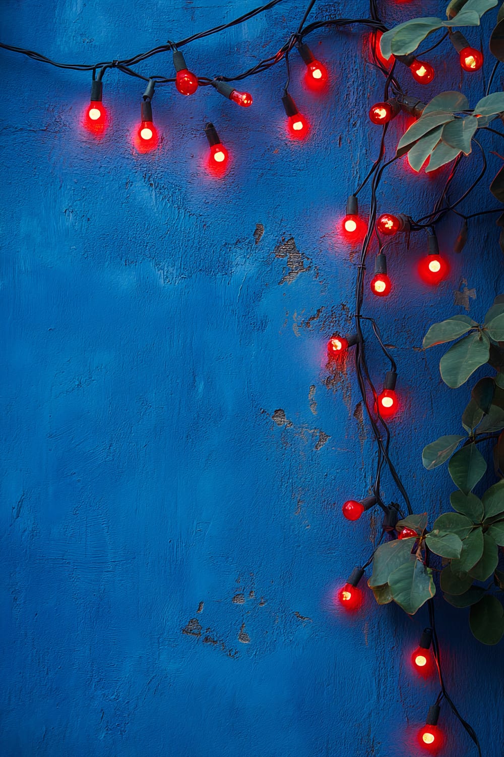 Red Christmas lights illuminating a weathered cobalt blue wall. The lights are strung along the top and right side of the image, casting a vibrant glow. Green leaves from a plant slightly intrude from the right side.