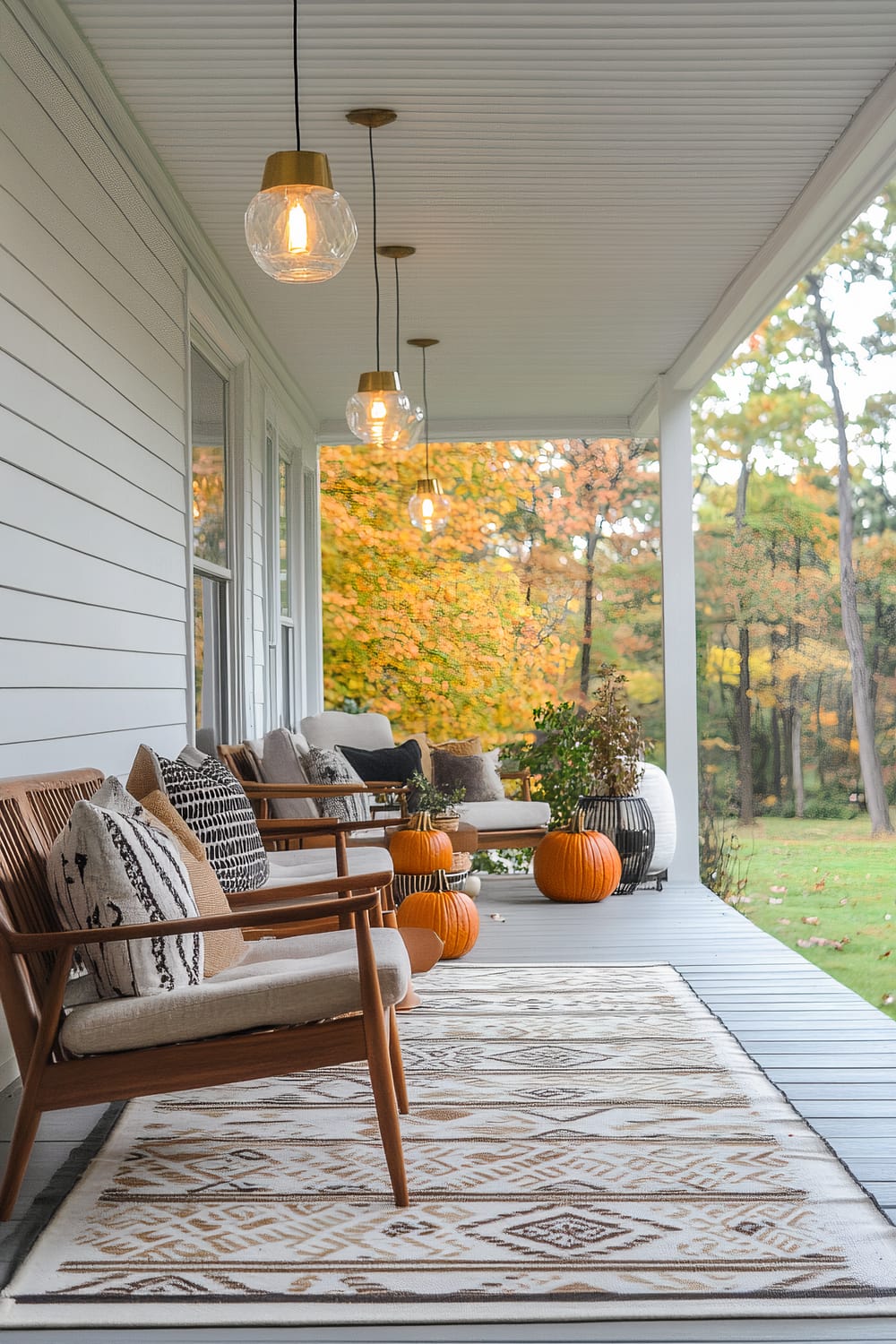 A serene front porch features warm wooden chairs with plush cushions and patterned throws. The ceiling is adorned with a series of elegant pendant lights, casting a cozy glow. The porch is tastefully decorated with an array of pumpkins and potted plants, while a decorative rug with geometric patterns adds a touch of comfort. The backdrop is a lush green lawn bordered by autumnal trees in vibrant fall colors.