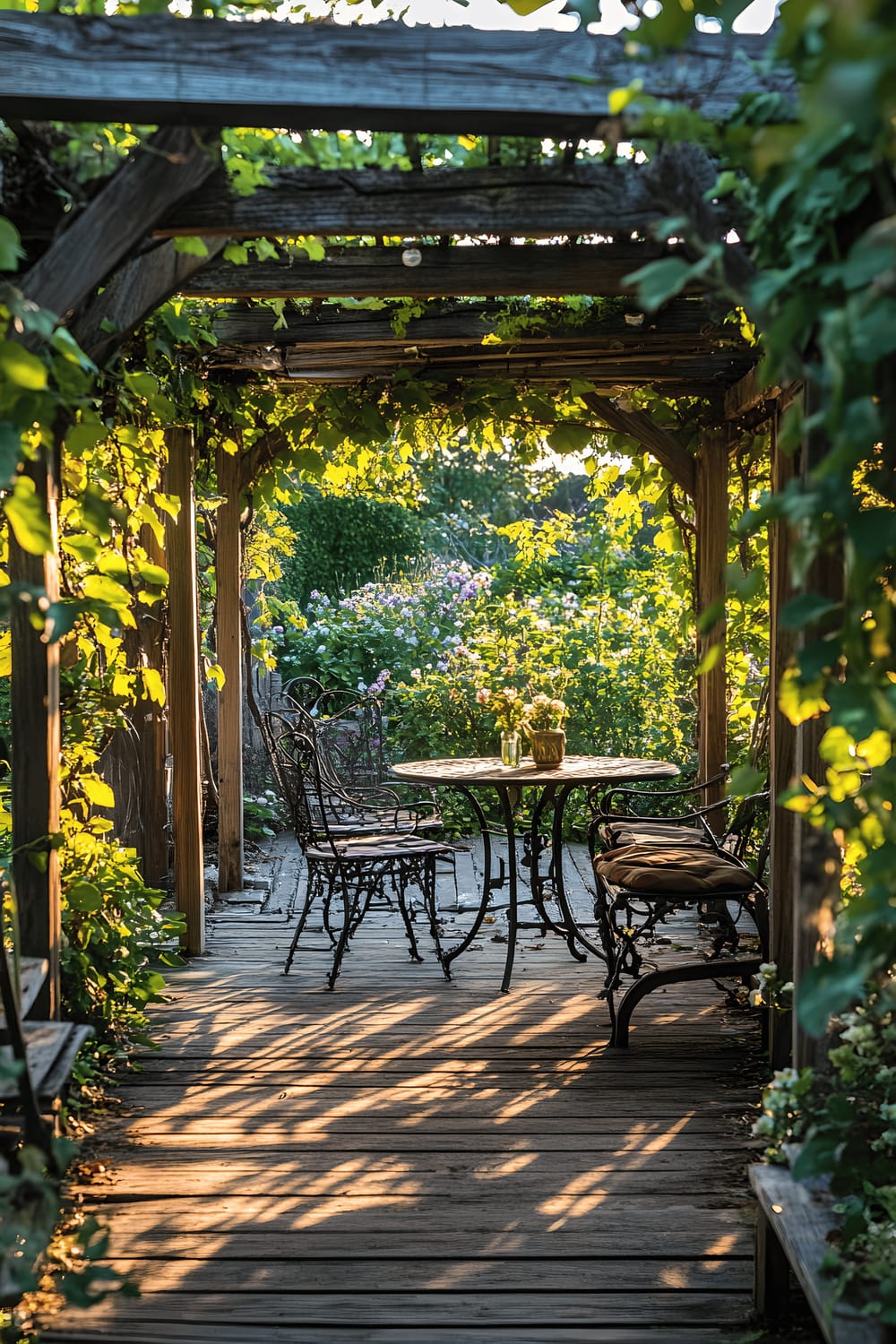 A wooden pergola covered in lush, green jasmine vines with a vintage wrought-iron bistro table set for two underneath in warm, golden afternoon light.