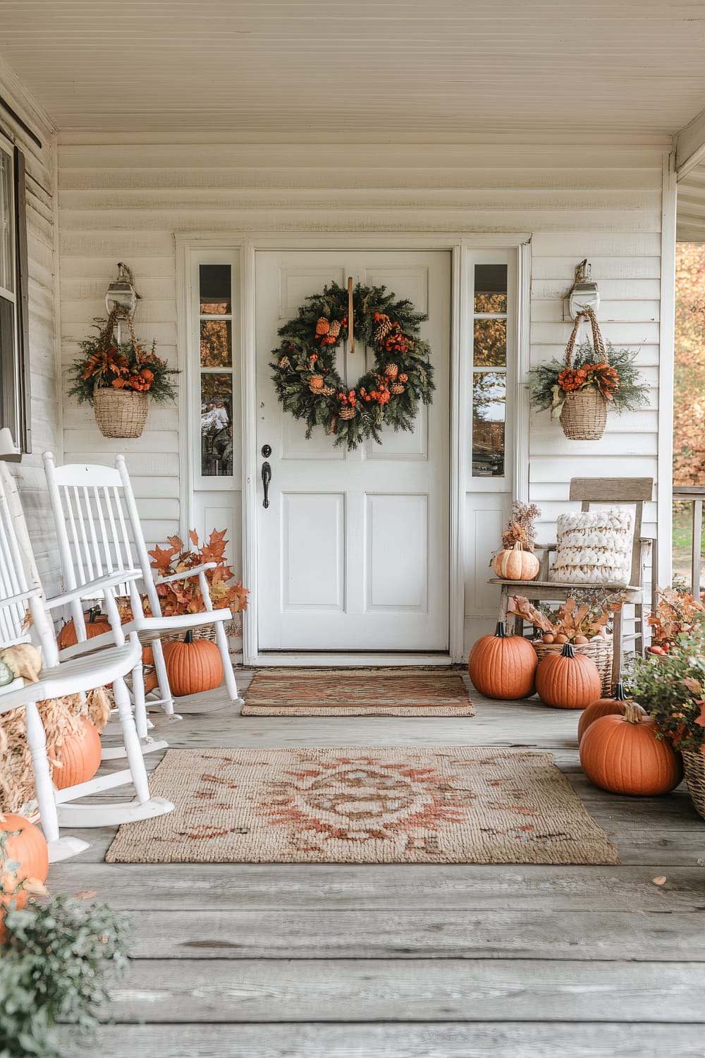 A charming autumn-themed front porch showcasing a white-paneled door adorned with a lush green wreath with orange accents. Flanking the door are two narrow windows and hanging woven baskets filled with vibrant fall foliage. On the left, there are two white rocking chairs beside an arrangement of orange pumpkins and autumn leaves. To the right of the door, a rustic wooden chair with a patterned cushion sits amidst pumpkins, a wicker basket, and more autumn decor. The grey wooden porch floor is partially covered by rugs featuring muted autumn tones.