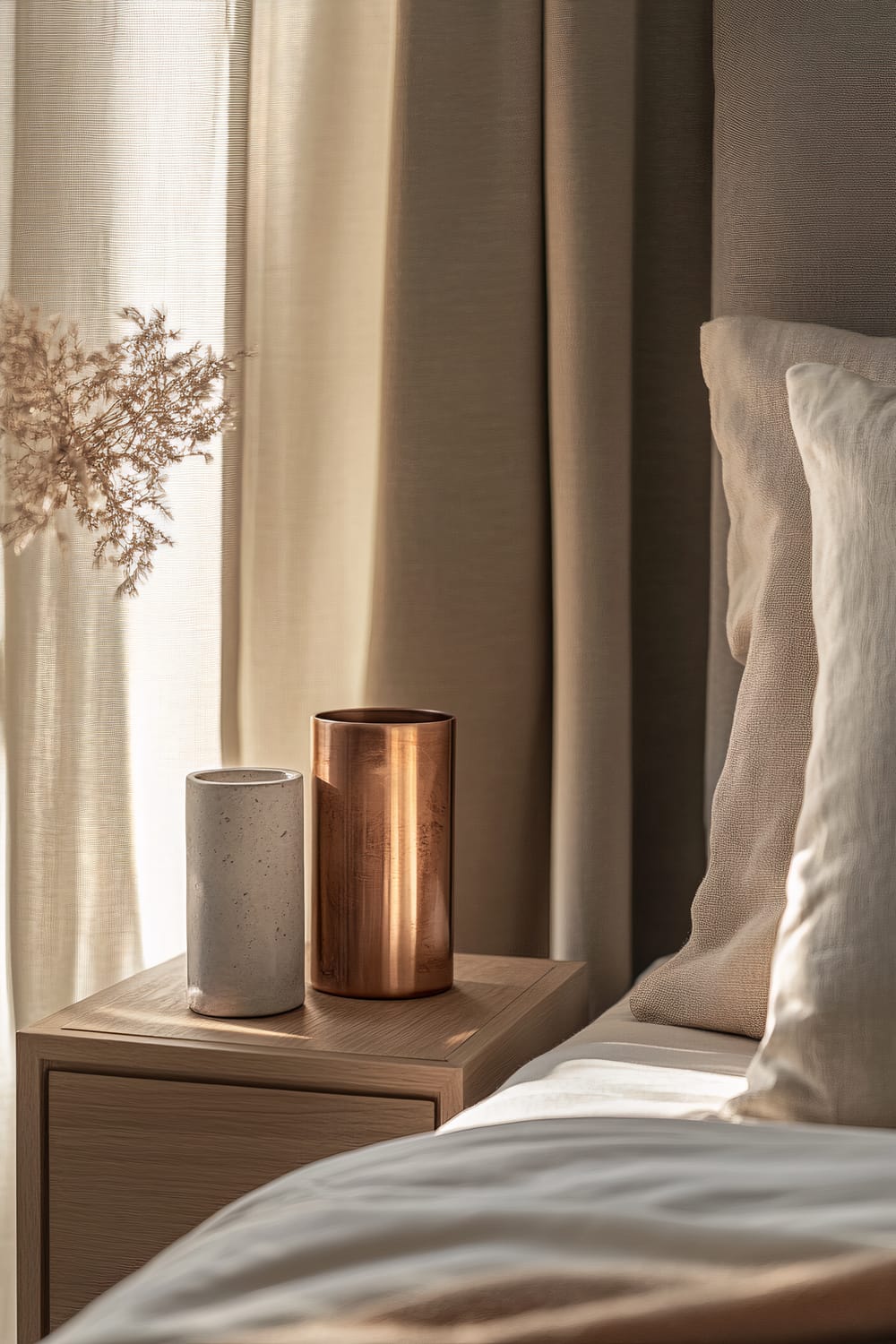 A close-up of a minimalist bedside table in a modern neutral bedroom. The table features a rustic copper bookmark and a grey ceramic vase, set against a backdrop of soft curtains and muted bedding. The scene is illuminated by soft ambient light, highlighting the warm tones of the metal and creating gentle reflections.