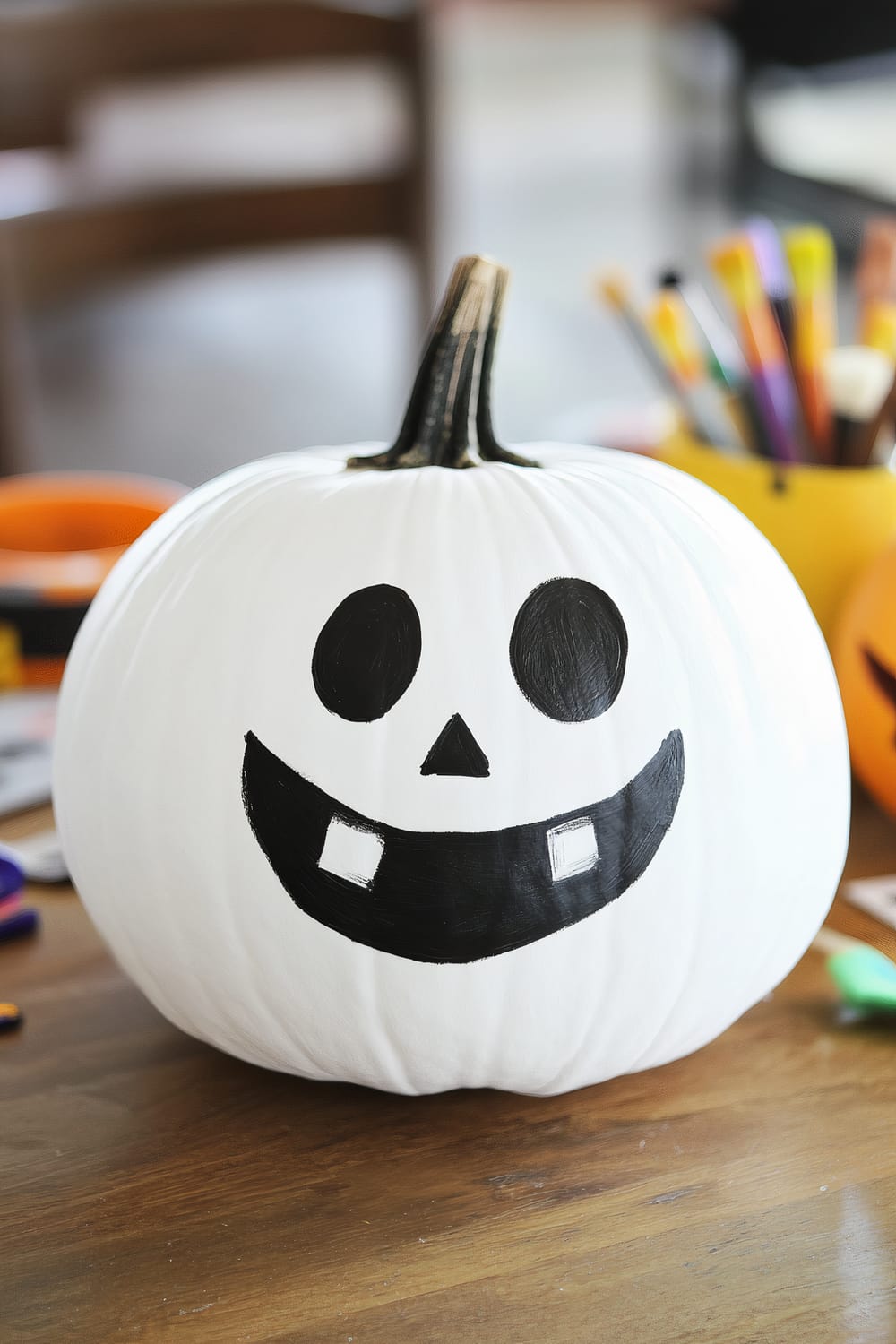 A white pumpkin with a playful, painted jack-o'-lantern face is placed on a wooden table. The face features large, round black eyes, a small black triangle nose, and a wide, black painted smile with two white rectangles resembling teeth. In the background are blurred art supplies, including paintbrushes and jars.