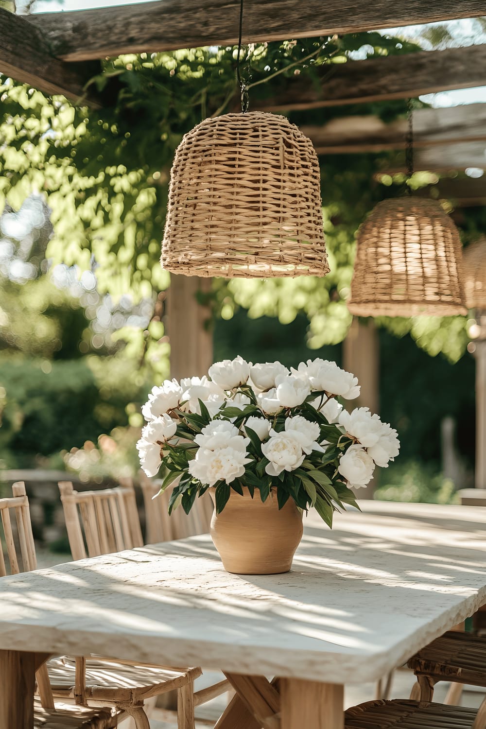 A tranquil outdoor dining space with a large rugged natural stone table surrounded by six simple wooden chairs. A gorgeous clay pot filled with white peonies sits in the middle of the table. Above, woven pendant lights hang from an overhead pergola, casting dappled sunlight throughout the scene.