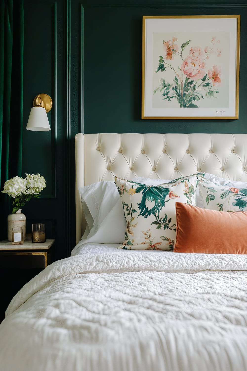 An elegantly decorated bedroom featuring a deep green wall with white wainscoting and a cream-colored tufted headboard. The bed is dressed in white bedding with floral and orange throw pillows. Above the bed hangs a framed artwork of delicate pink flowers. A bedside table with a flower vase, a candle, and a jar is visible to the left, accompanied by a brass wall sconce with a white shade.