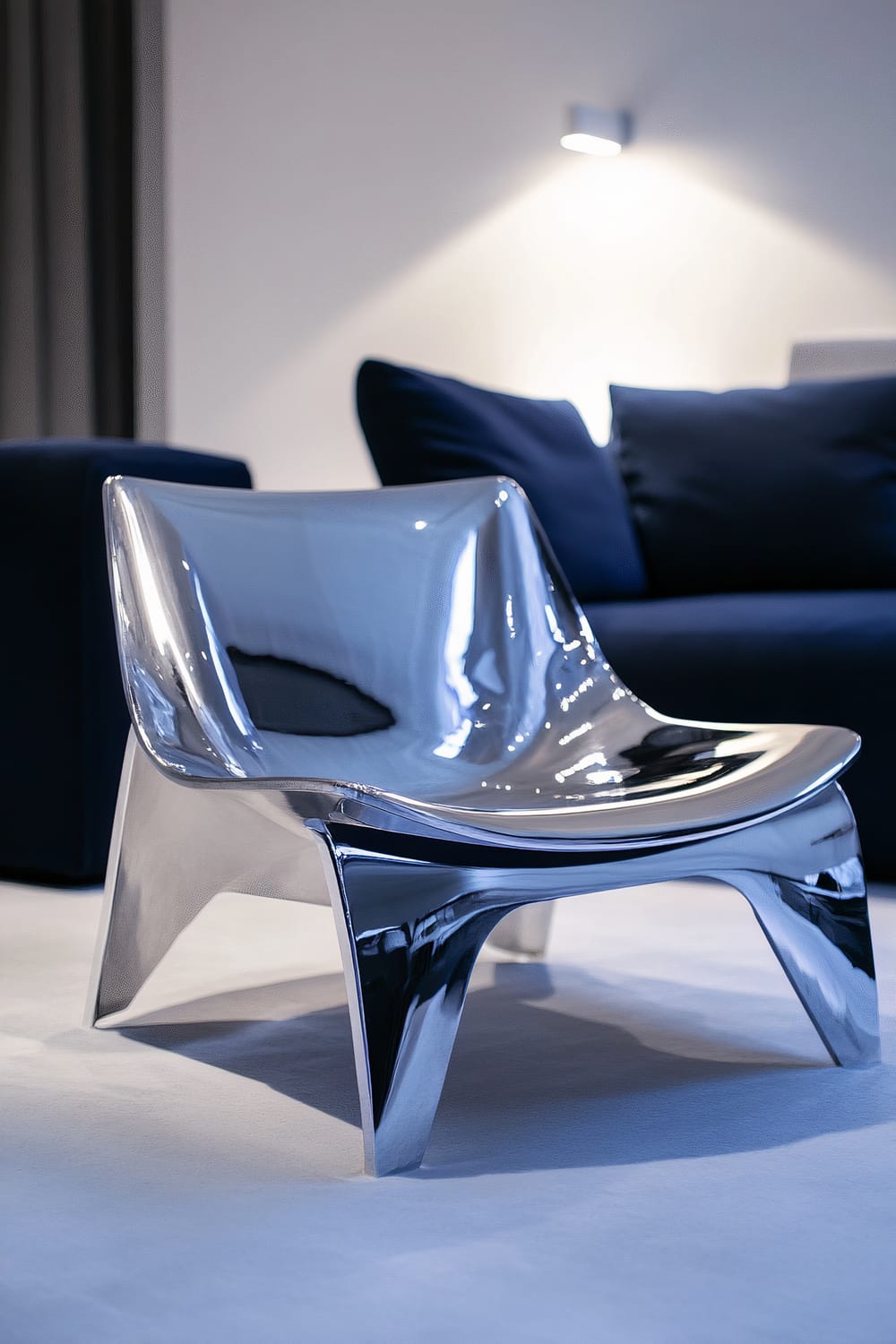 A sleek, reflective chrome lounge chair in a minimalist living room with a deep navy sofa in the background. The room features simple decor with metallic accents and dramatic spotlighting creating striking reflections and shadows.