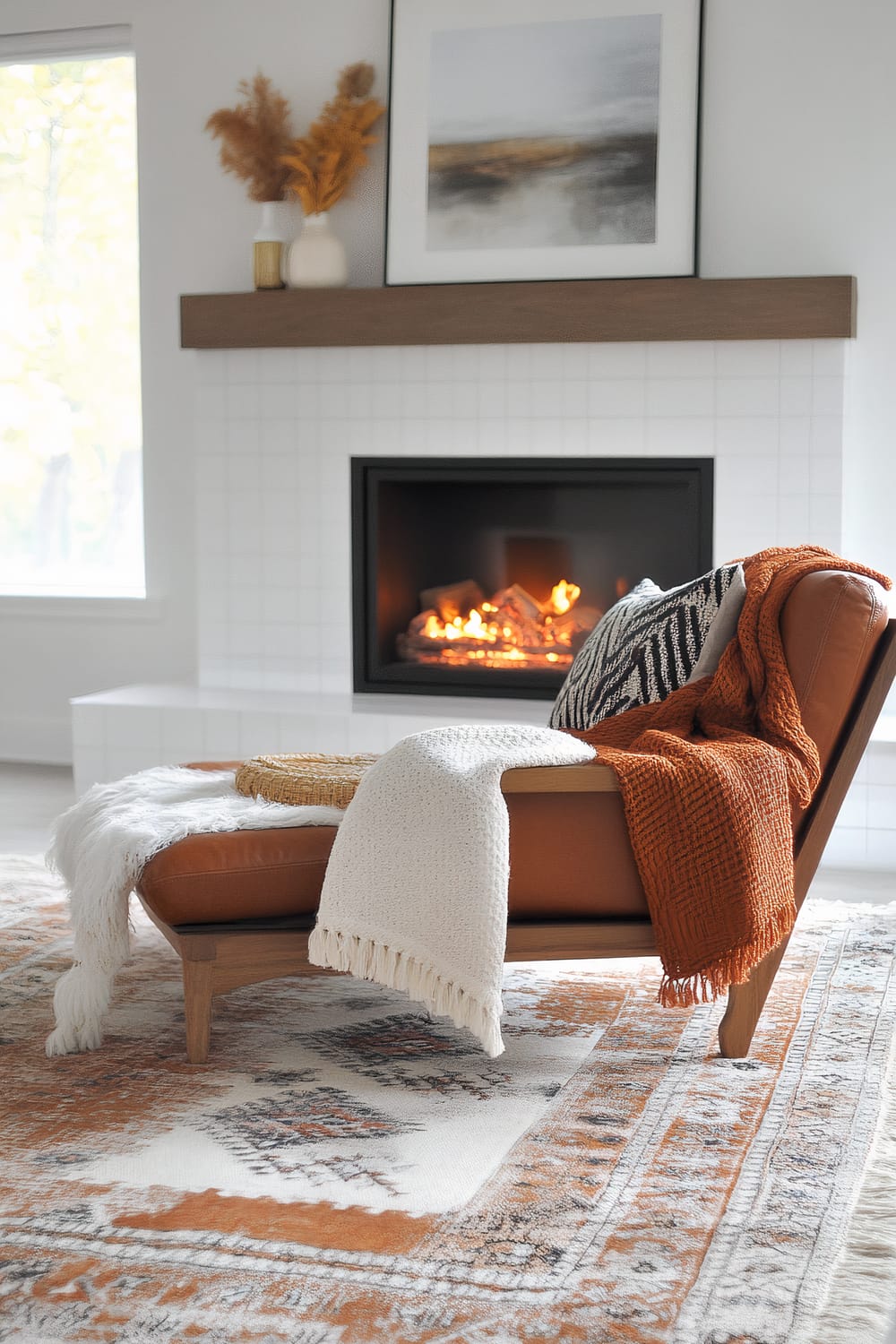 A modern living room features a minimalist white-tiled fireplace with a blazing fire. In front of it, a caramel leather chaise lounge is adorned with textured throws and pillows in white, burnt orange, and patterned black and white. A soft, woven area rug with warm earth tones spreads across the floor, and a wooden mantle above the fireplace supports contemporary artwork and a vase with dried foliage.