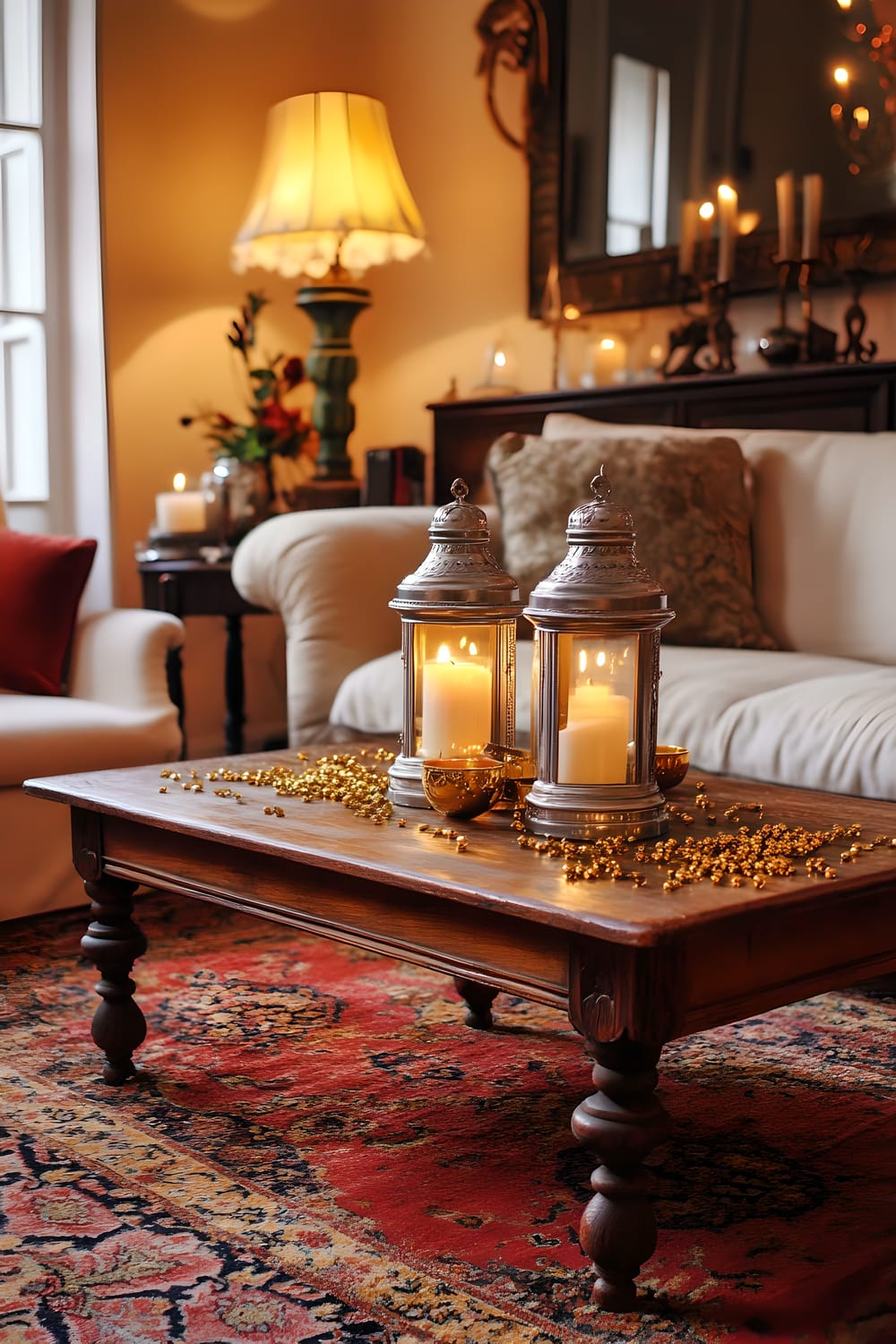 A vintage-styled living room in a London apartment, setup for New Year's Eve celebrations. The room hosts a large Victorian-era styled mirror, antique furniture including a vintage wooden coffee table holding three glistening golden candle holders. On the floor, a traditional Persian rug bears five scattered pieces of gold confetti and in the room, two silver lanterns with LED candles are placed, lending a warm enchanting aura.