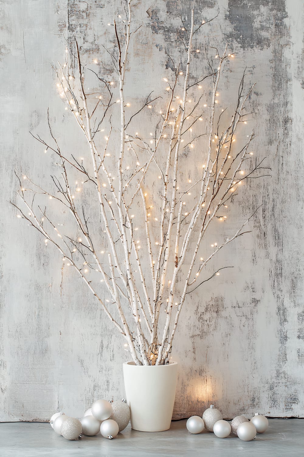 A decor setup features slender birch branches arranged in a simple white vase. The branches are interspersed with small white ornaments and twinkling lights. Several silver ornaments are scattered at the base of the vase. The background is a textured, distressed wall in shades of grey and white.