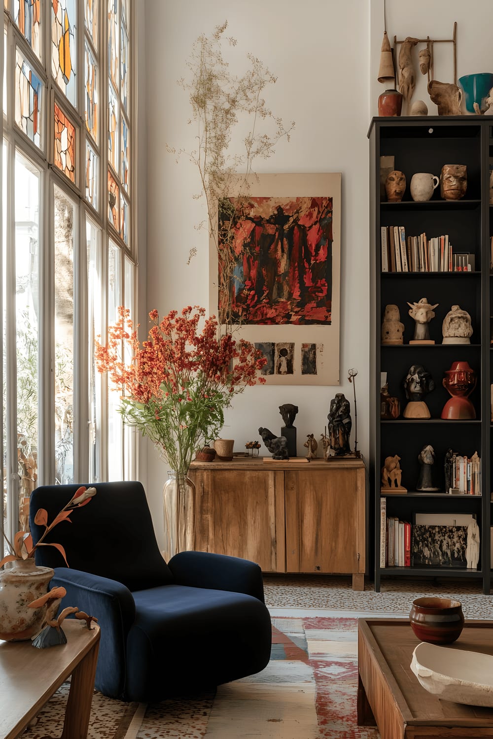 A spacious and well-lit room showcasing large canvases from local Barcelona artists on white walls with Catalan-inspired frames. A central wooden console table displays ceramic sculptures and a fresh flower vase. One side features a navy blue mid-century modern armchair next to a tall bookshelf teeming with art books and Catalan masks. The room is further brightened by natural light pouring from floor-to-ceiling windows adorned with stained glass accents.