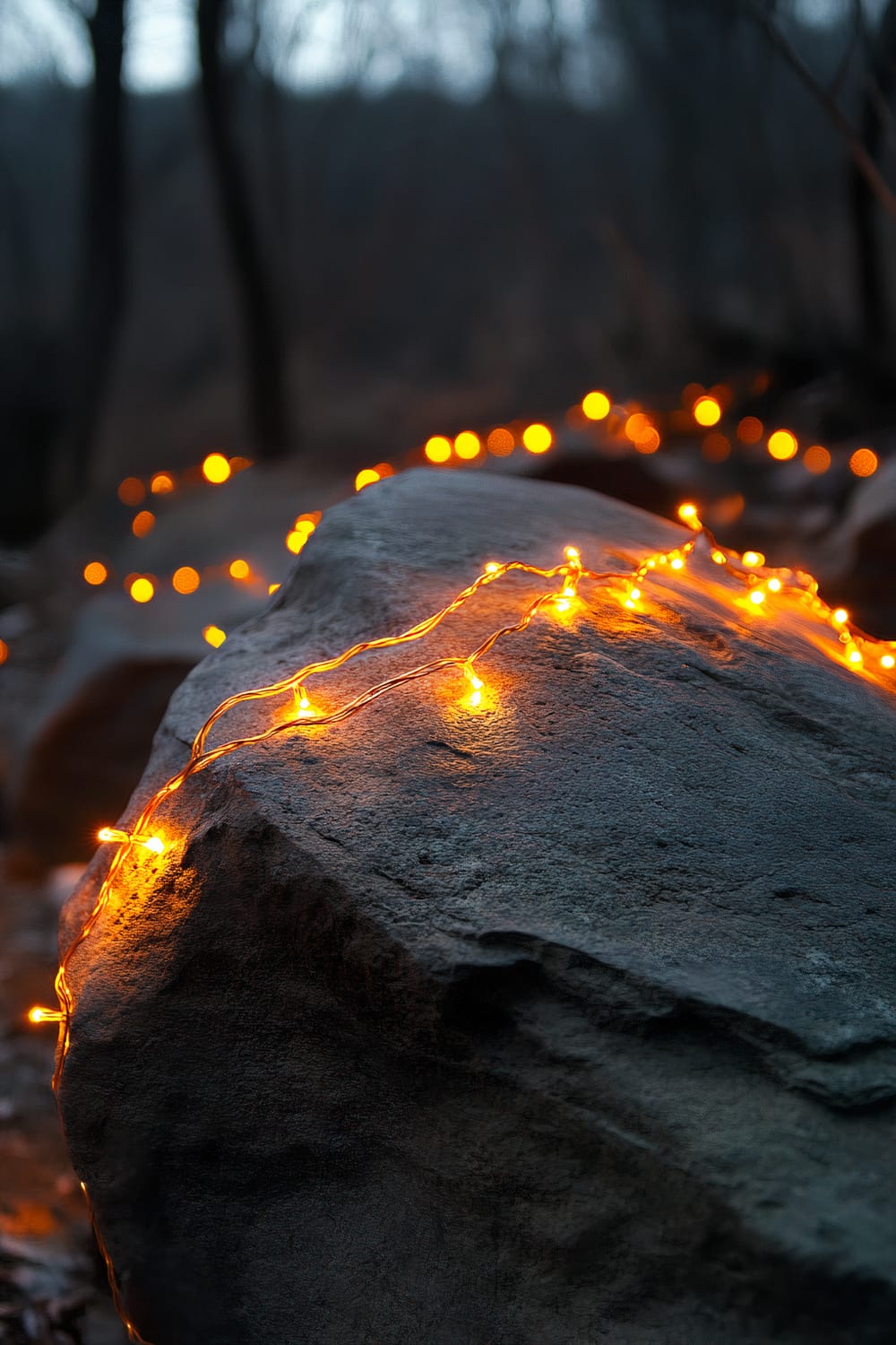 Close-up of a large rock in a forest, adorned with glowing orange fairy lights. The background is blurred, showcasing other rocks and trees, which are also faintly decorated with string lights, creating a whimsical, magical ambiance.