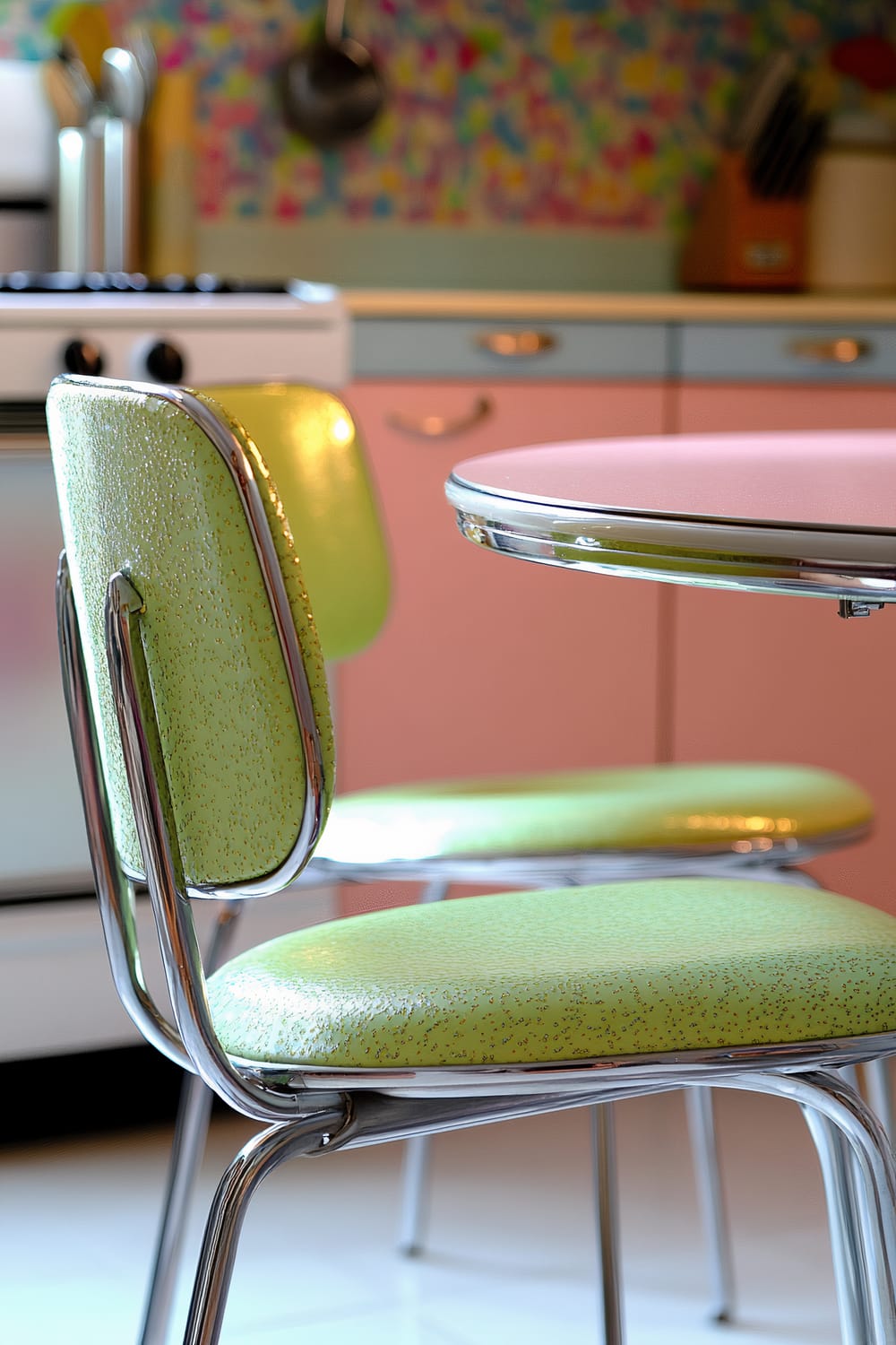 Close-up of a retro kitchen dining setup featuring two chrome-legged white dining chairs with bright green vinyl seats, arranged around a small, round pastel pink table. The background includes pastel pink cabinets and a stove with a colorful, speckled backsplash.