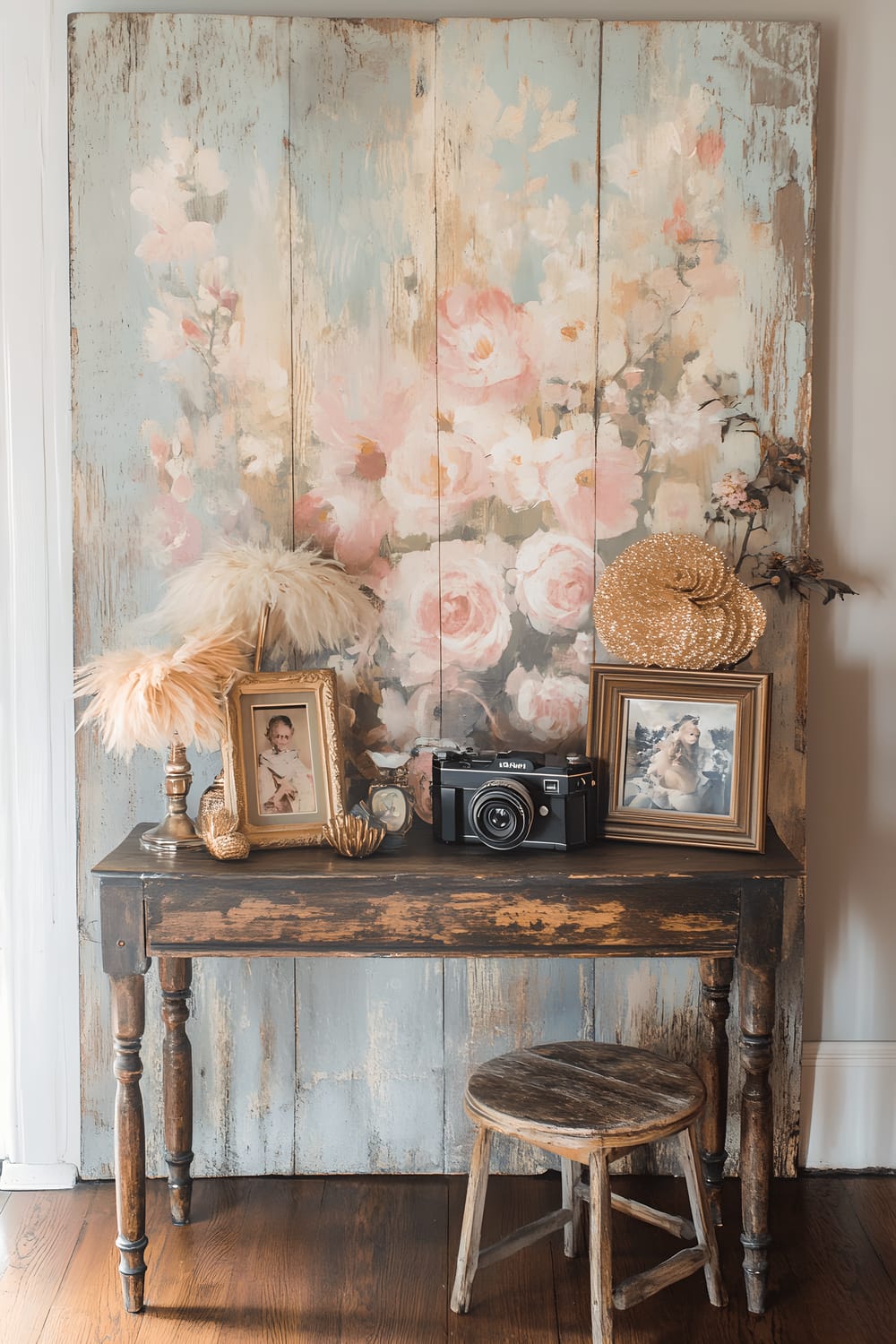 A vintage-inspired living room with a cozy nook featuring a distressed wooden backdrop adorned with a pastel floral mural. A variety of props, including antique picture frames, feather boas, and gold sequin hats, are placed on a rustic wooden table. A classic Polaroid camera is perched on a small stool, ready for use.