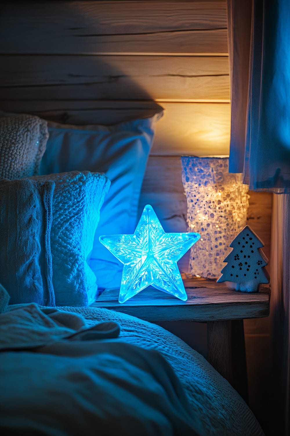 A cozy bedroom nook featuring a rustic wooden nightstand topped with a glowing blue star-shaped light, next to a white, intricately designed lamp and a small decorative tree. The bed is adorned with textured blue and white pillows and a matching blanket, creating a serene and inviting atmosphere.