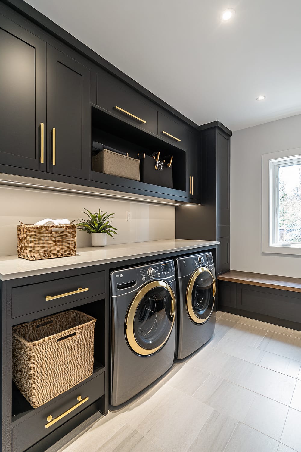 A modern laundry room features sleek black cabinetry on one side with gold handles. Two front-load black washing machines with gold accents are neatly tucked under a white countertop. Above the countertop, there are shelves and cabinets for additional storage, one shelf housing fabric bins. A large wicker basket and a potted plant on the counter add a touch of nature to the space. The black cabinetry extends to the floor, offering more storage with a visible wicker basket in an open drawer. On the right, a built-in bench sits beneath a large window, inviting natural light into the room.