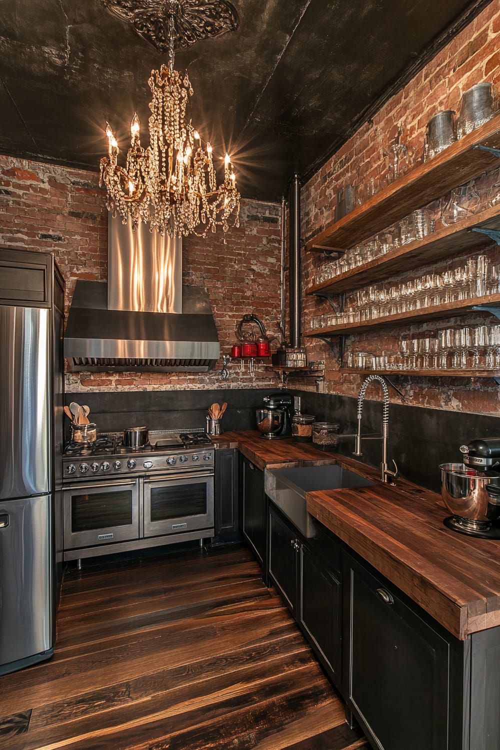 A well-appointed kitchen with an industrial rustic design features exposed brick walls and wooden shelves. A glamorous chandelier hangs from the dark ceiling, casting warm light over the space. The kitchen includes modern stainless steel appliances, including a large refrigerator and a double-oven stove, along with a deep farmhouse sink and butcher block countertops. Glasses and mugs are neatly organized on open wooden shelves, adding both functionality and aesthetic appeal.