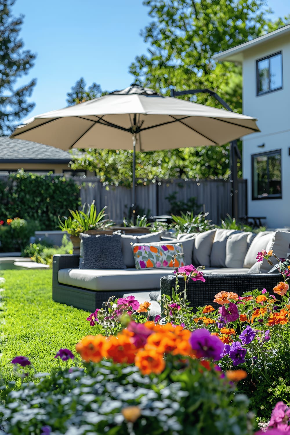 A modern backyard featuring an L-shaped couch under an umbrella, surrounded by vibrant flowers in decorative pots placed on the lush green grass. The backdrop is a contemporary house and patio.