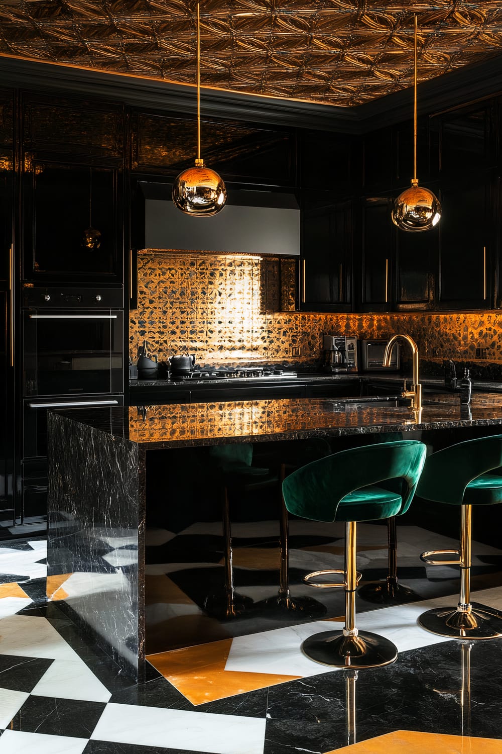 A lavish kitchen bathed in warm, golden tones and reflective surfaces creates an opulent ambiance. The ceiling features an intricate, metallic, golden pattern, with two golden globe pendant lights hanging from it. The walls and cabinetry are a deep, glossy black with matching black and gold hardware. The backsplash is a stunning golden mosaic, adding a vibrant, luxurious contrast to the dark cabinets. An island with a glossy black marble countertop is paired with two emerald green velvet bar stools, complete with golden bases. The floor is a bold geometric pattern of black, white, and golden tiles, enhancing the overall dramatic and luxurious feel of the space.