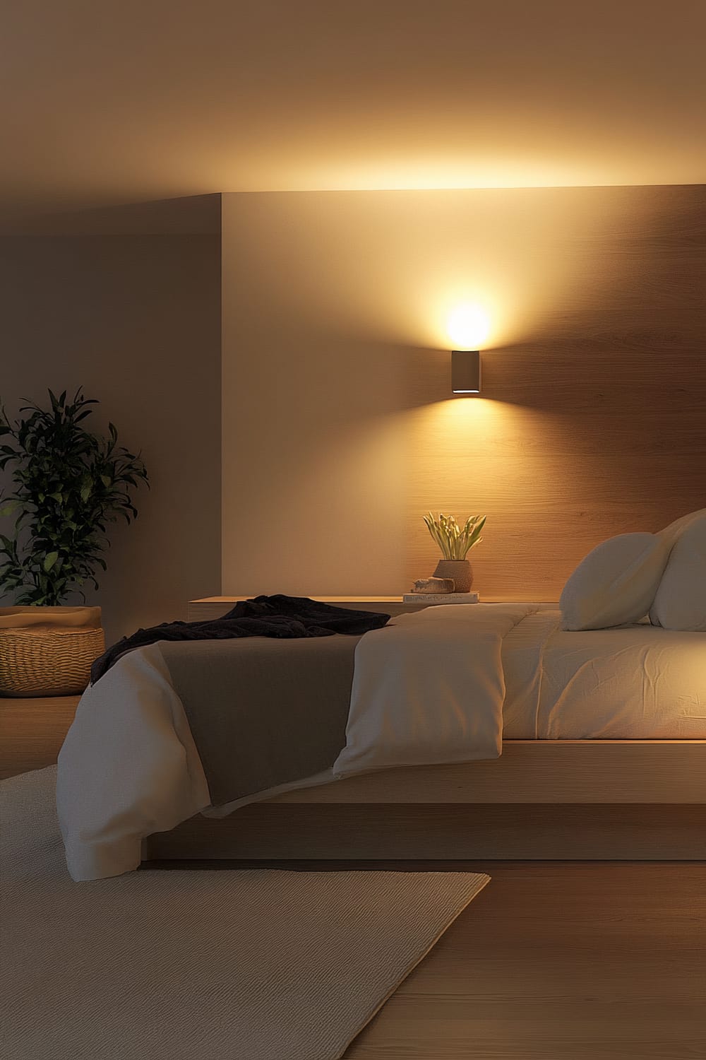 A serene modern bedroom with neutral tones, featuring a wall-mounted lighting fixture that casts a warm, diffused glow. The room is furnished with a minimalistic bed adorned with white and gray bedding, a small plant on a bedside table, and a potted plant in the corner. The ambiance is calm and inviting, enhanced by the smooth wooden textures and simple, uncluttered decor.