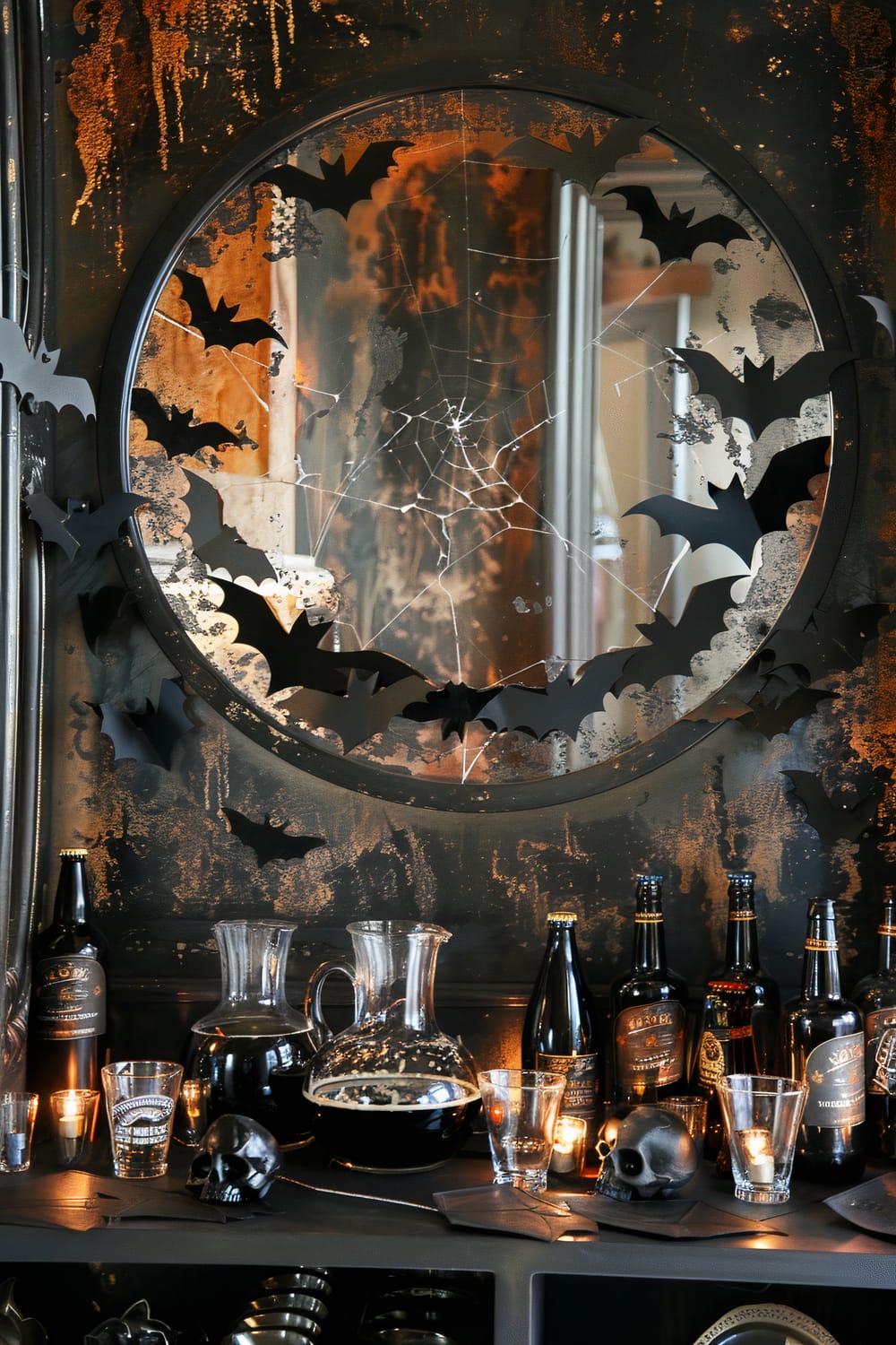 This image depicts a Halloween-themed bar setup. The background features an artfully distressed mirror decorated with black bat cutouts and a delicate spiderweb. The bar counter is adorned with bottles of dark liquor, candles, glass carafes filled with a dark beverage, and small skull decorations, all set against a dark and moody backdrop, creating a spooky atmosphere.