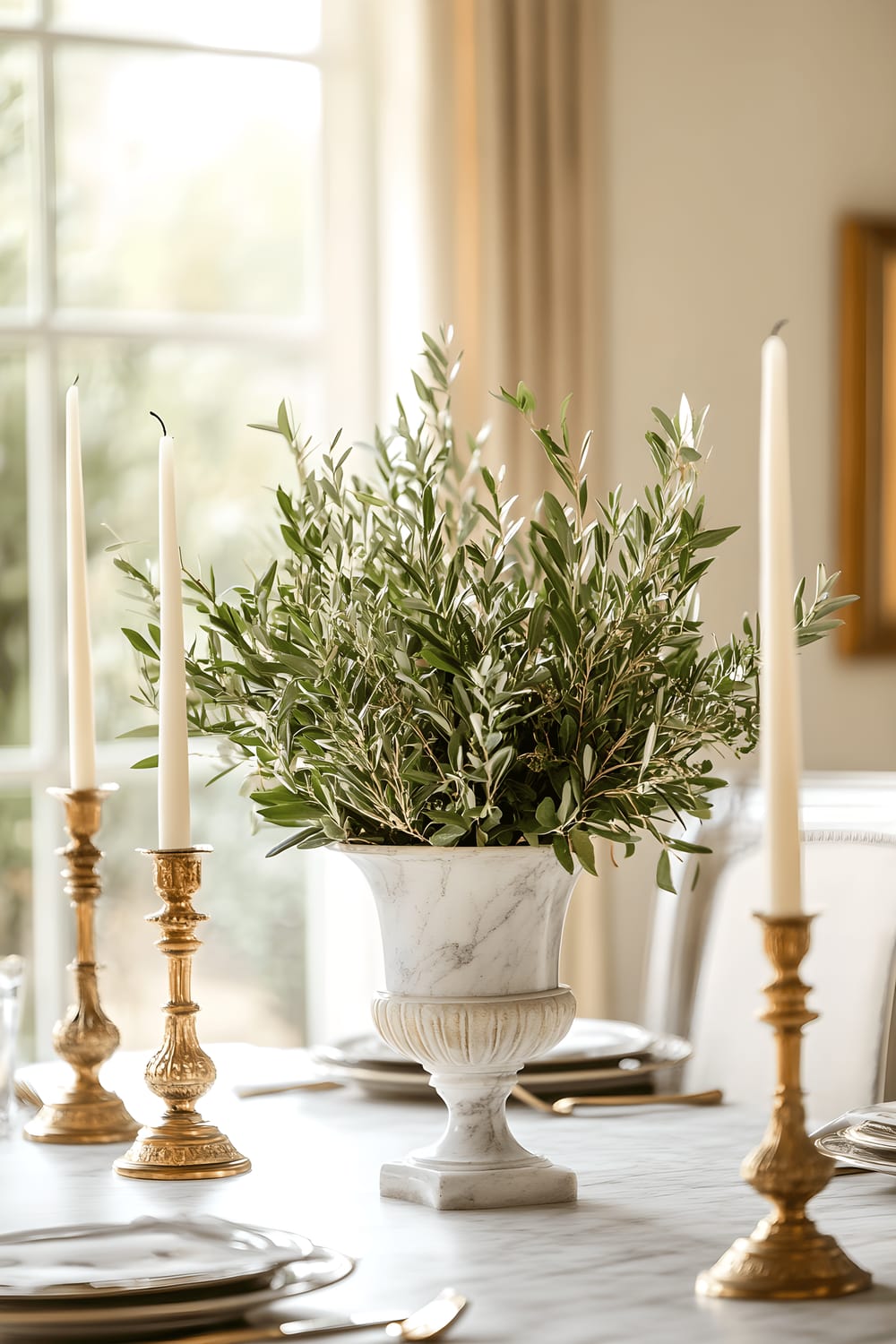 A sophisticated and timeless dining room scene showcasing a marble table adorned with an elegant marble urn centerpiece, filled with lush olive branches. The table is also decorated with small antique-like sculptures and two tall, ornate taper candles in grand gold holders. The room is beautifully lit with soft, warm candlelight that accentuates the rich marble surfaces and deep green accents of the setting.