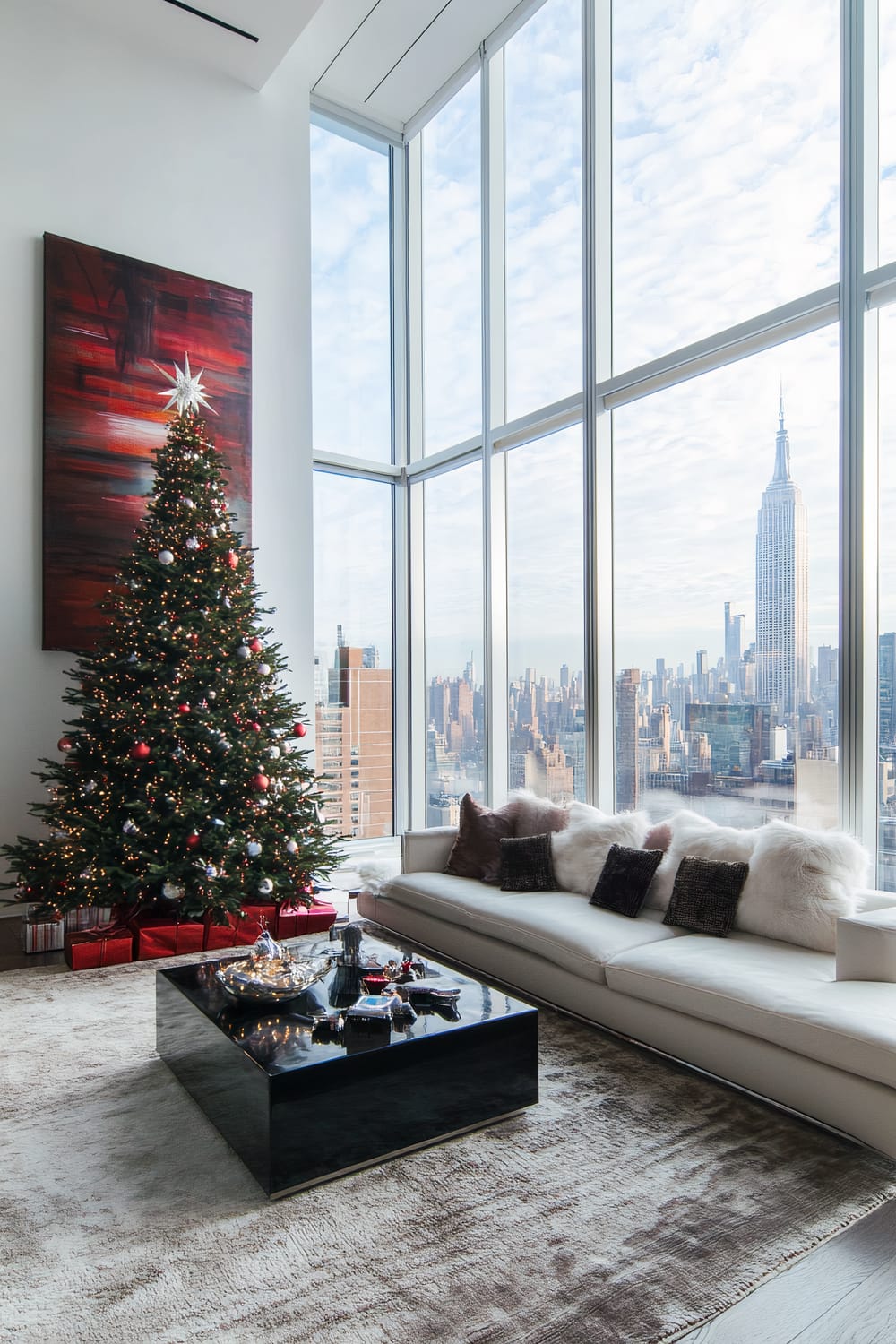 A luxurious living room featuring a tall Christmas tree adorned with twinkling lights and ornaments, positioned beside a floor-to-ceiling window that provides an expansive view of the cityscape, including the Empire State Building. The room is decorated with a white sectional sofa, fluffy pillows, a sleek black coffee table, and an abstract painting with red hues behind the Christmas tree. A large, soft area rug covers the dark wood floor.