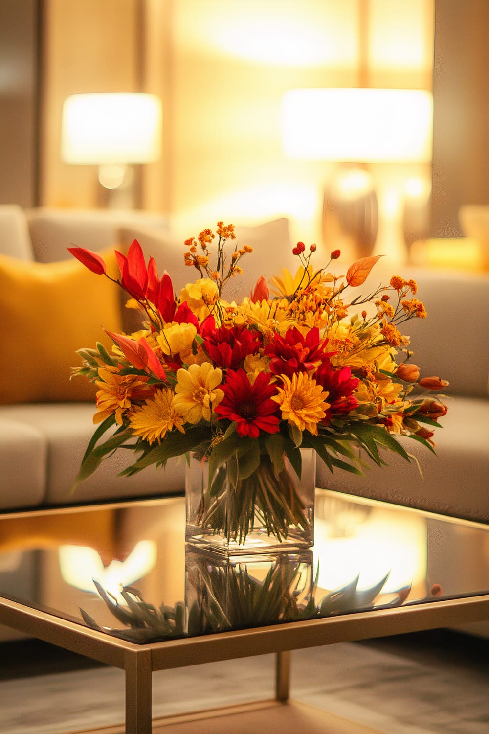 An elegant glass coffee table showcasing a red and yellow floral arrangement with subtle fall accents, with lighting highlighting the decor in a modern living room. The background features lit table lamps and a white sofa with yellow cushions.