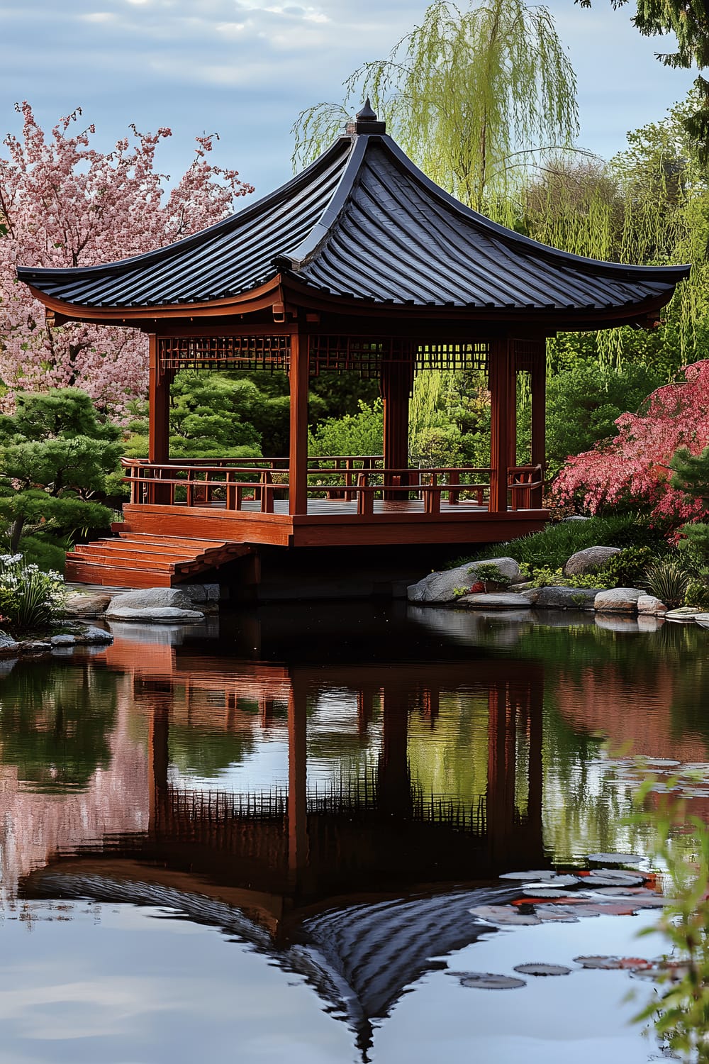 A peaceful scene of a traditional Japanese garden gazebo made from dark wood, with a curved tiled roof, nestled amidst lush greenery, including bonsai trees and bamboo plants. The gazebo overlooks a tranquil koi pond, bearing soft water ripples under a reflecting sky, and is surrounded by delicate cherry blossom flowers in bloom.