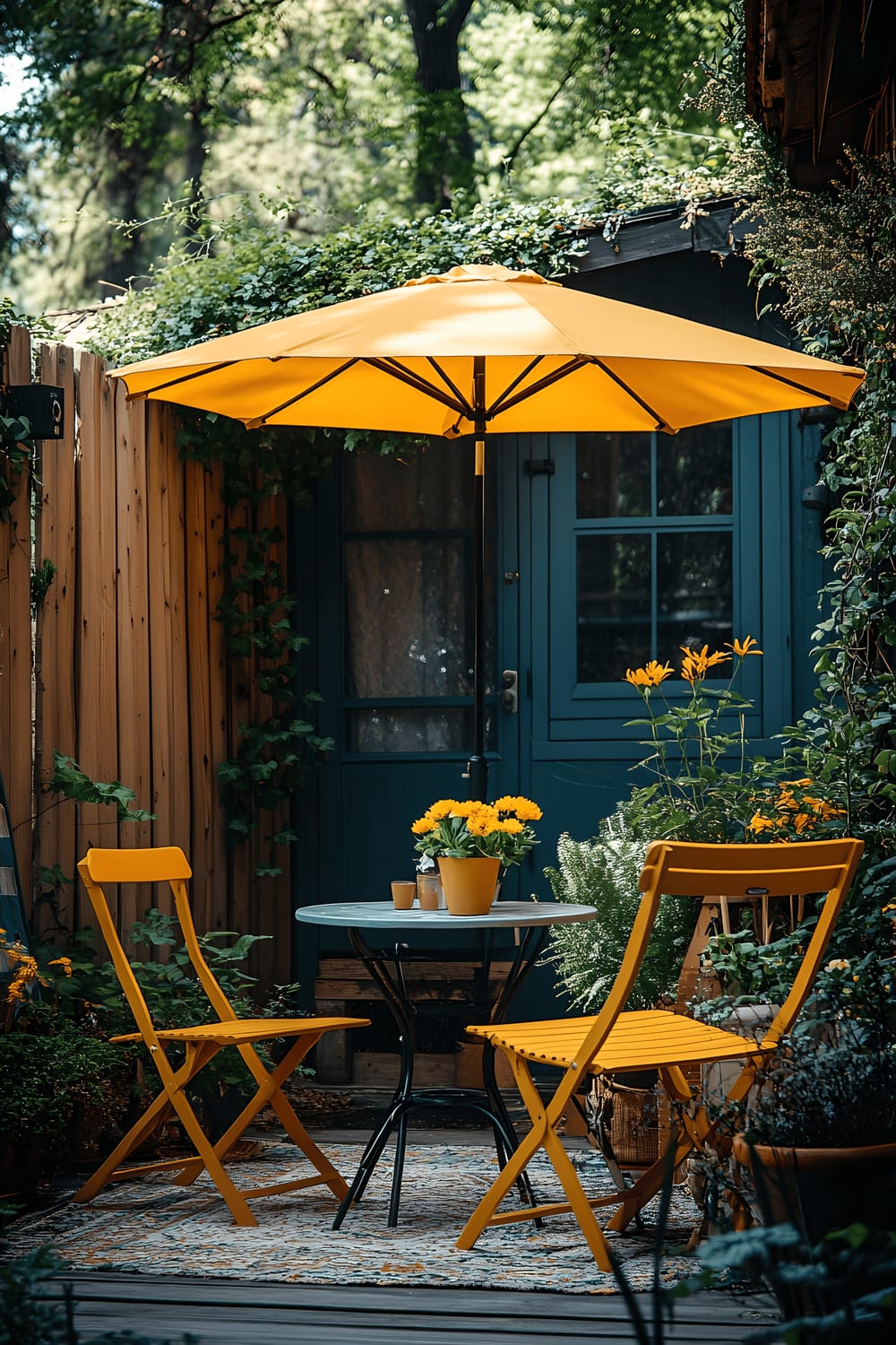 A backyard setting with a vibrant yellow seating area consisting of a round metal table and two chairs. The seating area is shaded by a white patio umbrella and surrounded by lush greenery including potted plants with bright yellow flowers. A patterned outdoor rug lies underneath the furniture. The backdrop is a natural wooden fence with cascading ivy.