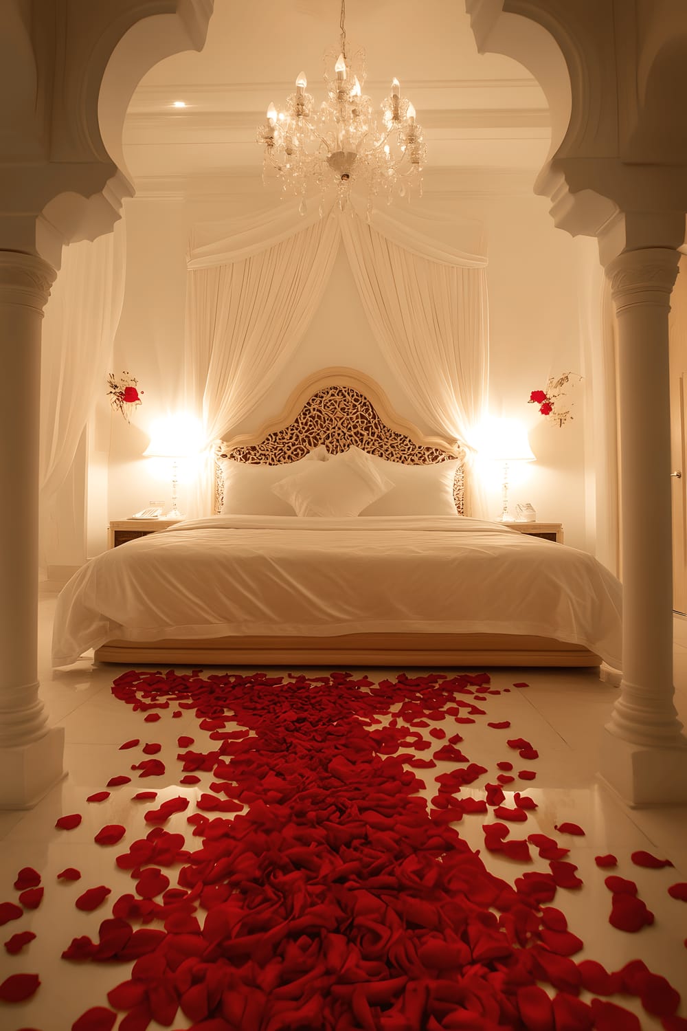 A spacious, grand bedroom featuring a large king-sized bed with plush white beddings surrounded by an array of oversized pillows. A path of fresh red rose petals guides from the entrance to the center of the bed. Crystal chandeliers cast a soft, warm glow over the scene, emphasizing the striking contrast of the rose petals against the immaculate white duvet, setting a romantic and enchanting mood.