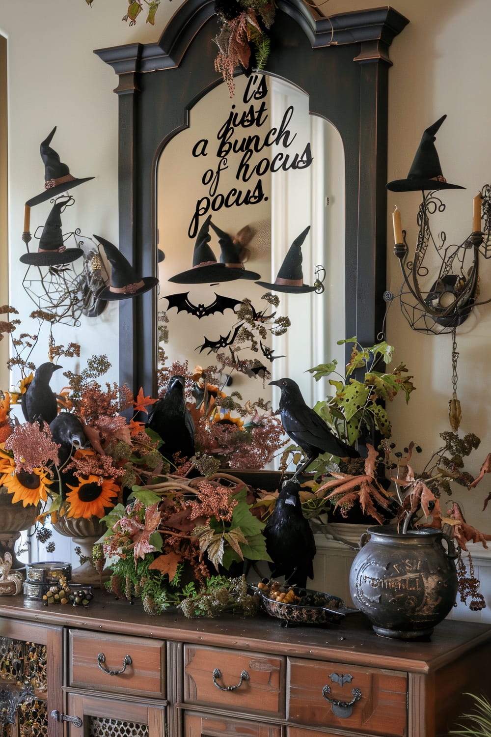 An intricately decorated space with a dark, arched mirror bearing the phrase "It's just a bunch of hocus pocus." The surface below features an arrangement of artificial black crows amidst faux leafy branches, sunflowers, and dried flowers. Small, pointed witch hats float around the mirror, complemented by bat-shaped wall decals. The theme is accentuated by a rustic, wooden sideboard that adds a vintage charm, alongside an old pottery vase and a metal vintage candleholder.