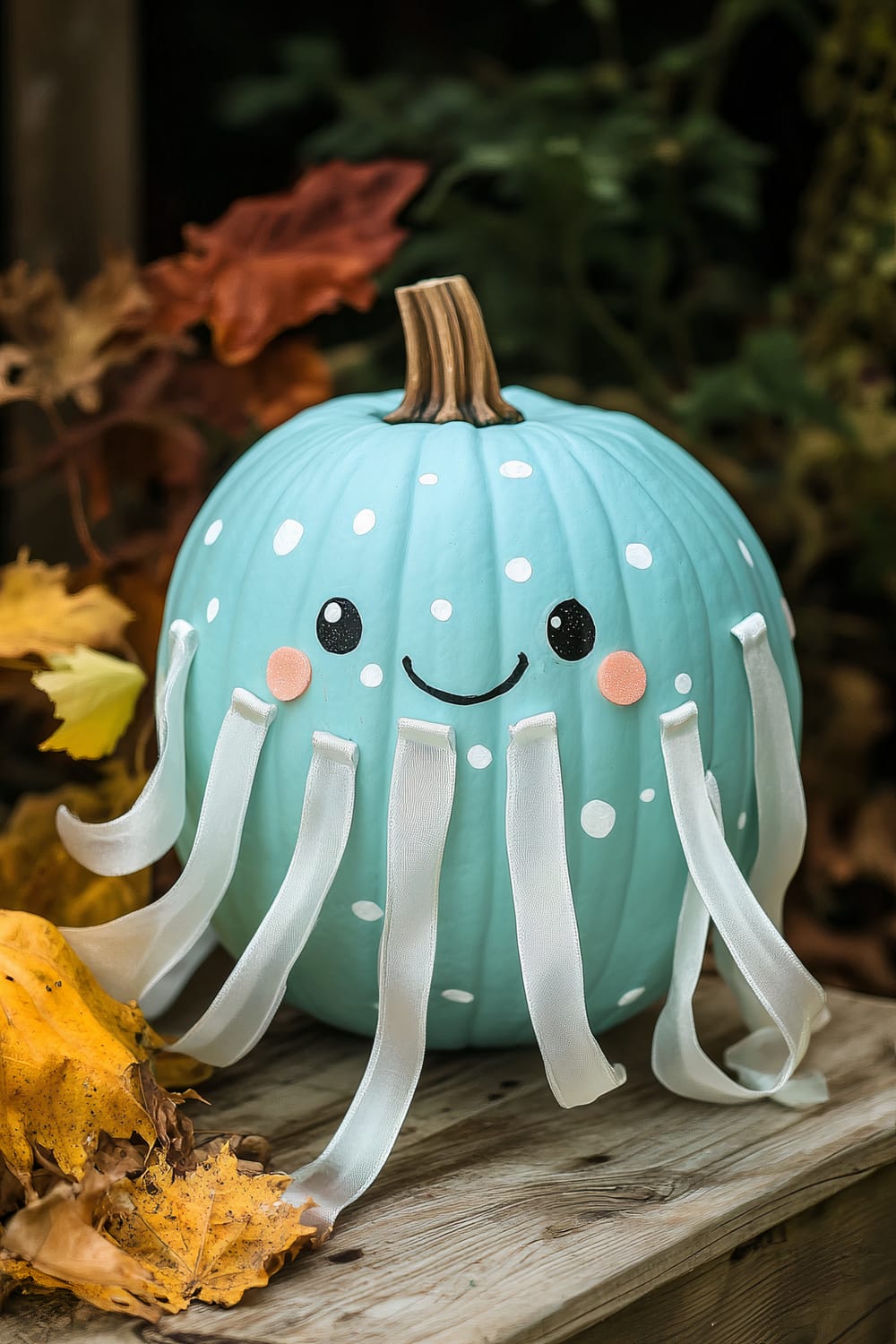 A teal pumpkin painted to look like a jellyfish sits on a wooden surface with autumn leaves scattered around it. The pumpkin has a face drawn on it, with black eyes, a smiling mouth, and pink cheeks. White spots are painted all over the pumpkin, and white ribbons are attached to resemble jellyfish tentacles.