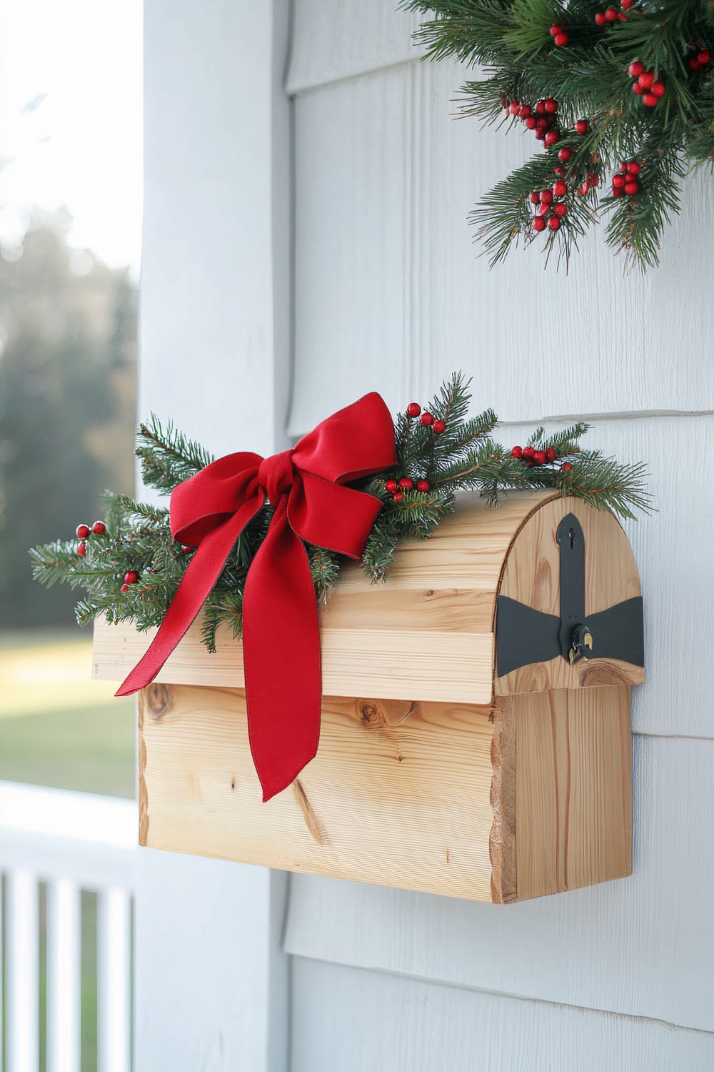 A charming wooden mailbox mounted on a white porch wall, decorated with a festive red bow, a sprig of holly, and pine greenery. The natural morning sunlight highlights the bold red and green accents.