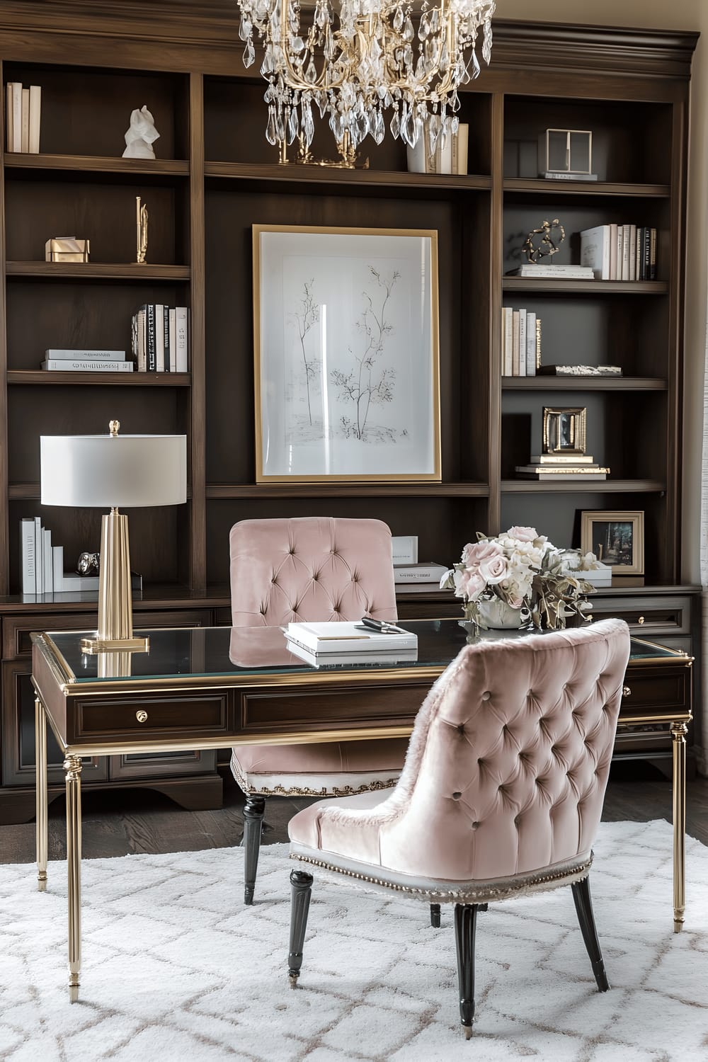 A luxurious home office inspired by vintage style, featuring a mirrored desk, an upholstered tufted chair in blush pink, and a vintage brass desk lamp. The room also contains dark wood bookshelves filled with neatly arranged books and tasteful decor, all sitting upon a plush area rug with a understated geometric pattern. The warm glow provided by a chandelier adds a delicate touch of luxury to the scene.