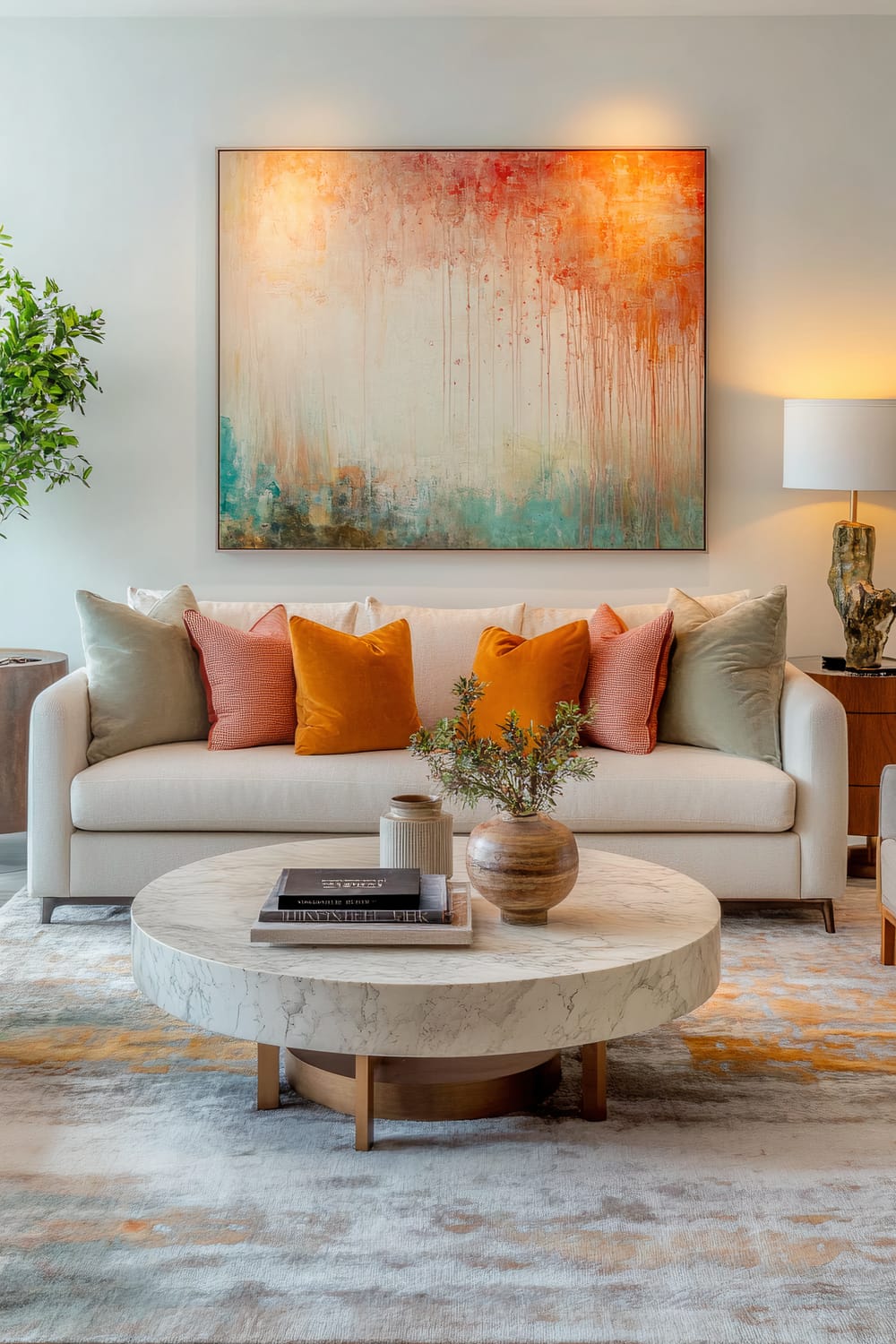 A living room with a soft cream sofa adorned with vibrant orange and muted green throw pillows, facing a round marble coffee table decorated with a vase holding a small plant and stacked books. A large abstract painting with warm hues of rust, orange, and teal hangs behind the sofa. Flanking the sofa are wooden side tables with mid-century style lamps and sculptural vases. A lush, potted olive tree sits to the left, and a plush wool rug with woven patterns in coordinating colors covers the floor.