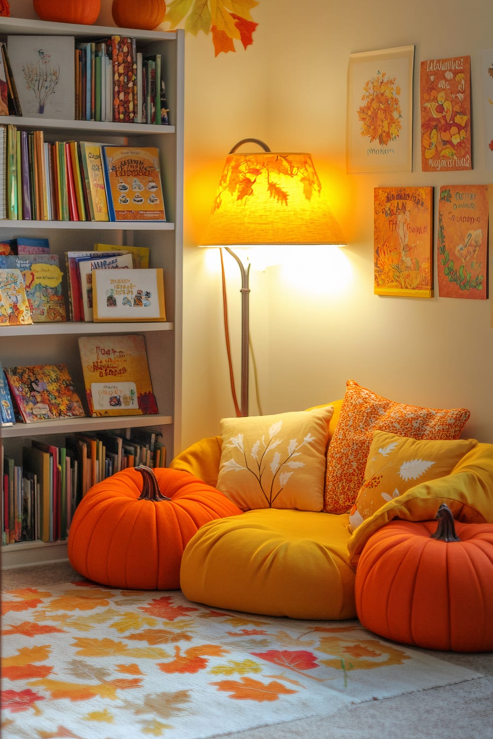 A cozy reading nook with a bright and warm autumn theme. The corner features a cushy yellow armchair adorned with orange and yellow pillows, flanked by two plush pumpkin-shaped cushions. A tall lamp with a leafy-patterned shade casts a warm glow over the space. A bookshelf filled with children's books sits against the wall, while framed autumn-themed artwork decorates the wall above the chair. An area rug with a vibrant leaf pattern covers the floor beneath the chair, completing the autumn aesthetic.