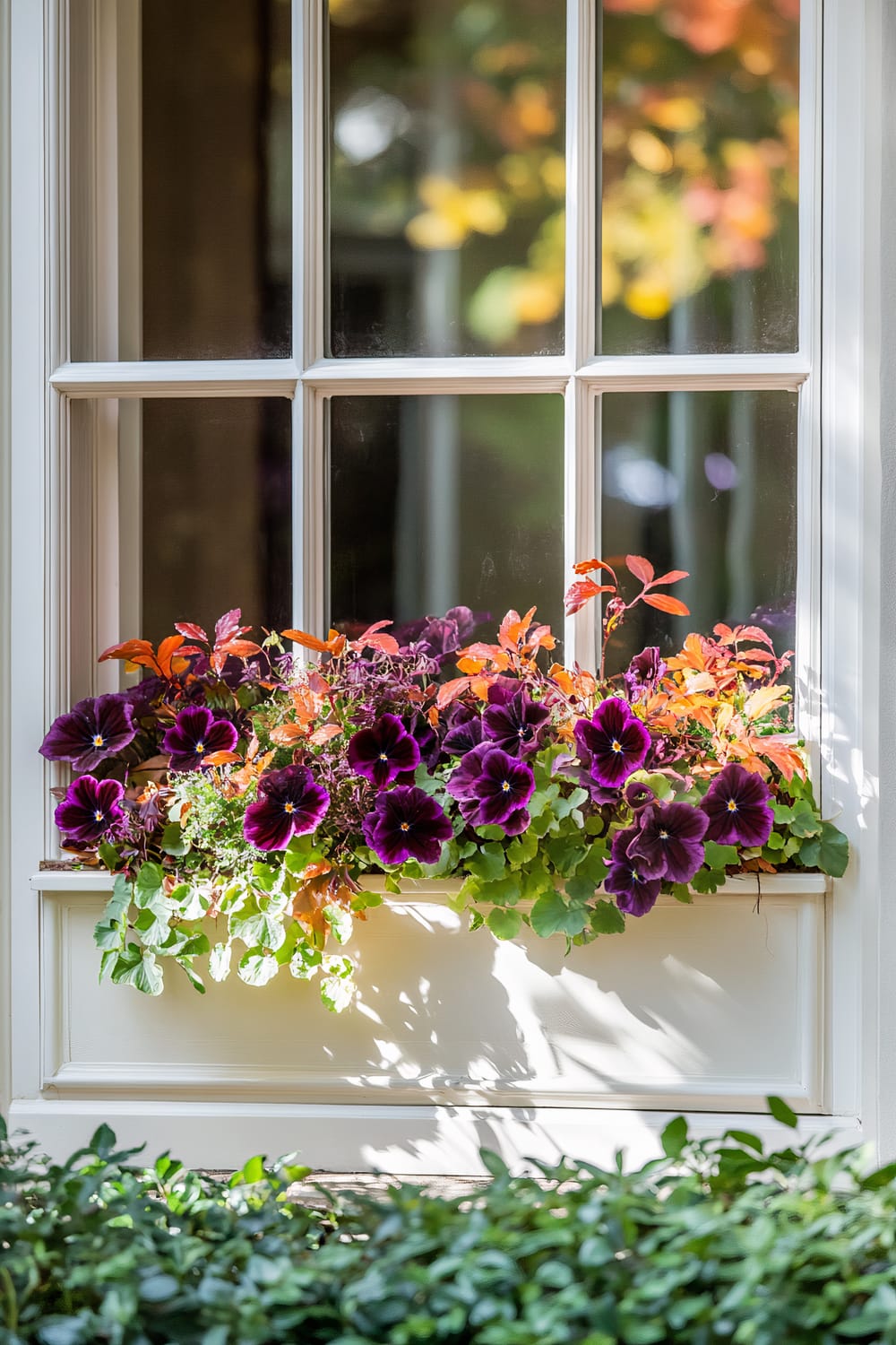 A close-up view of a window adorned with a flower box containing vibrant purple pansies and orange-hued leaves. The window has a white frame and is divided into small panes. Soft sunlight filters through, casting gentle shadows on the white backdrop. In the foreground, a few green plants are slightly visible, adding depth to the composition.